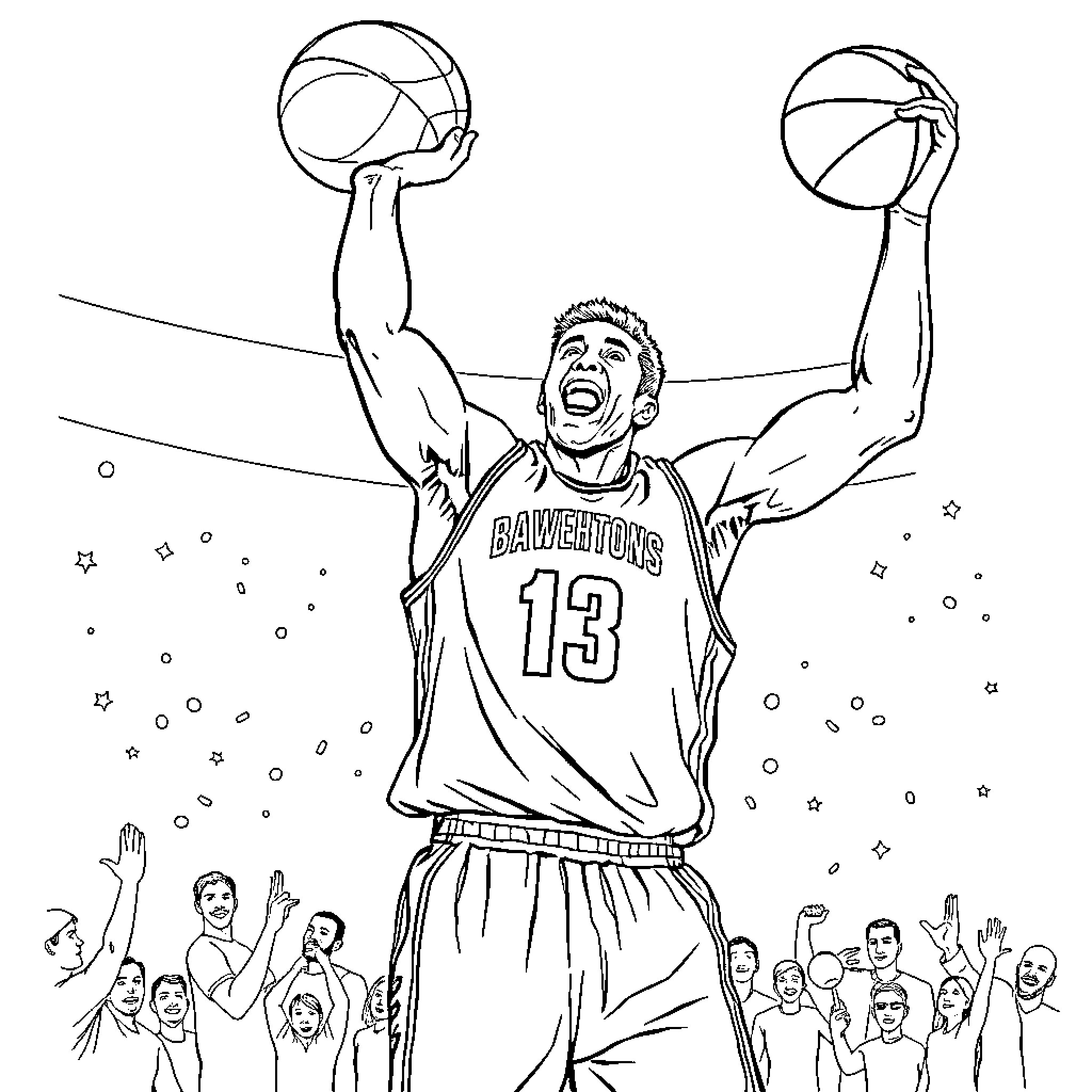 Basketball Player Celebrating Victory with Fans Coloring Page (free black-and-white line drawing printable PDF for all, from beginners to advanced learners, including children, teens, adults, and seniors)