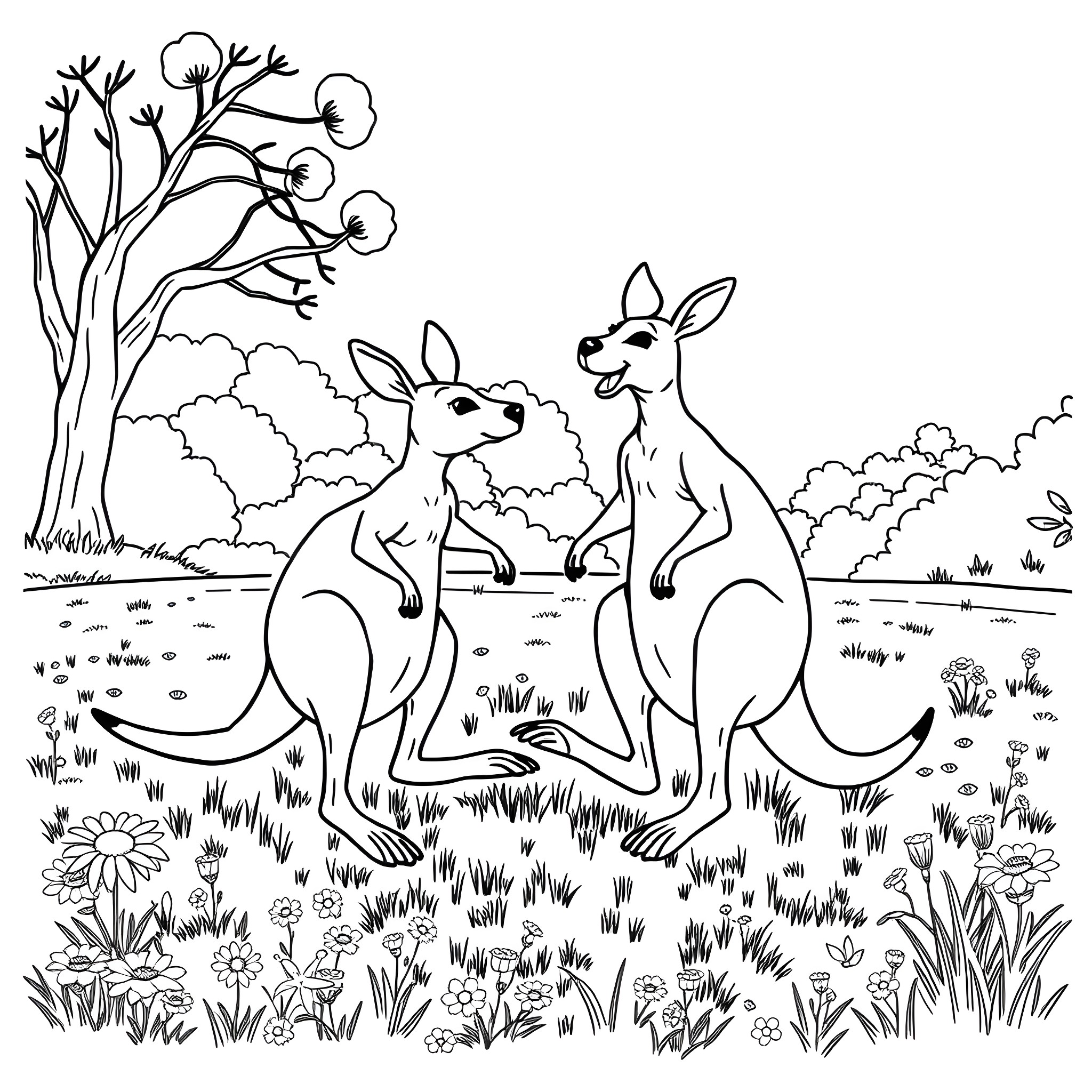 Kangaroos interacting in a natural landscape Coloring Page (free black-and-white line drawing printable PDF for all, from beginners to advanced learners, including children, teens, adults, and seniors)