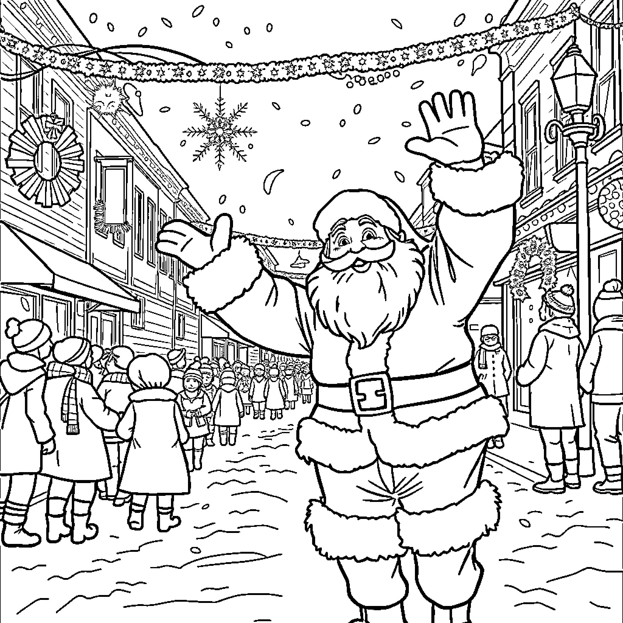 Santa Waves Joyfully in Wintry Town Scene Coloring Page (free black-and-white line drawing printable PDF for all, from beginners to advanced learners, including children, teens, adults, and seniors)