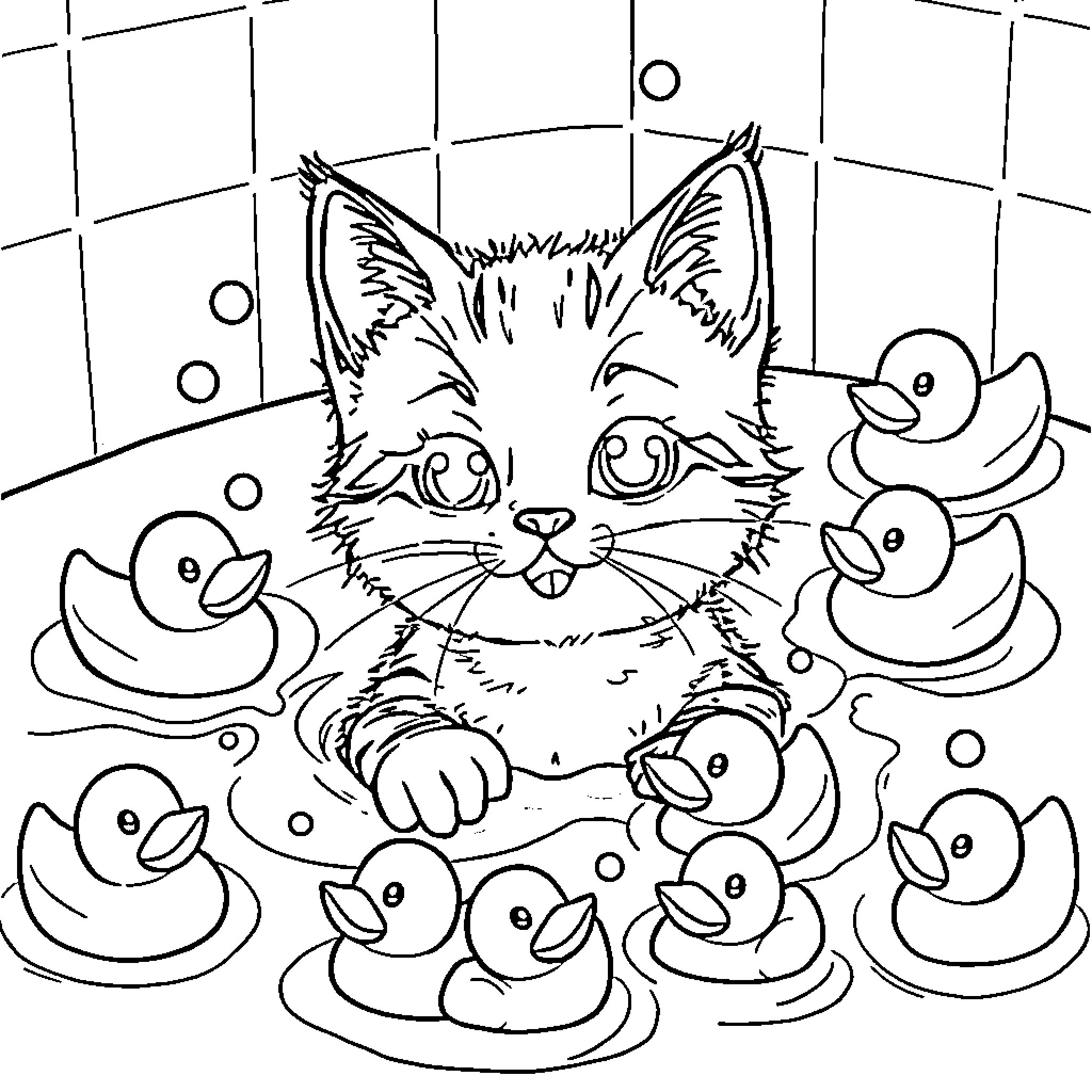 Cat playing with ducklings in the bath Coloring Page (free black-and-white line drawing printable PDF for all, from beginners to advanced learners, including children, teens, adults, and seniors)