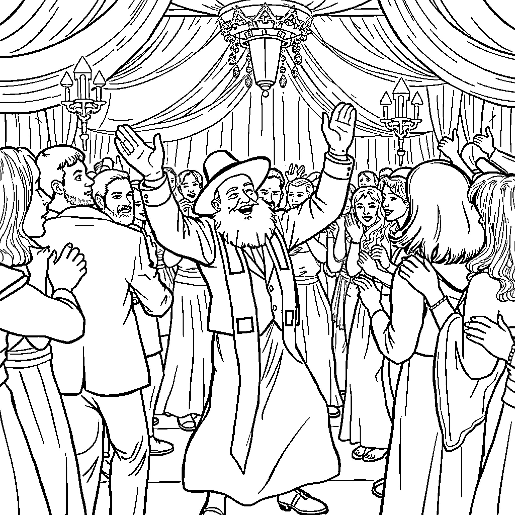 Rabbi celebrating joyously with his congregation Coloring Page (free black-and-white line drawing printable PDF for all, from beginners to advanced learners, including children, teens, adults, and seniors)