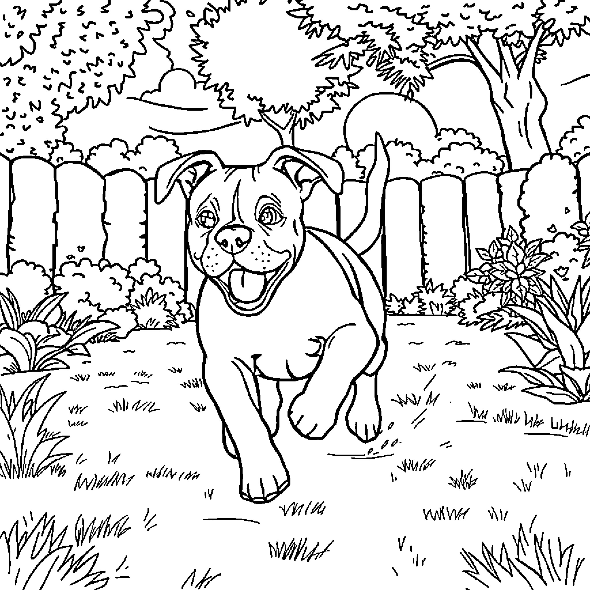 Pitbull playing happily in a lush outdoor scene Coloring Page (free black-and-white line drawing printable PDF for all, from beginners to advanced learners, including children, teens, adults, and seniors)