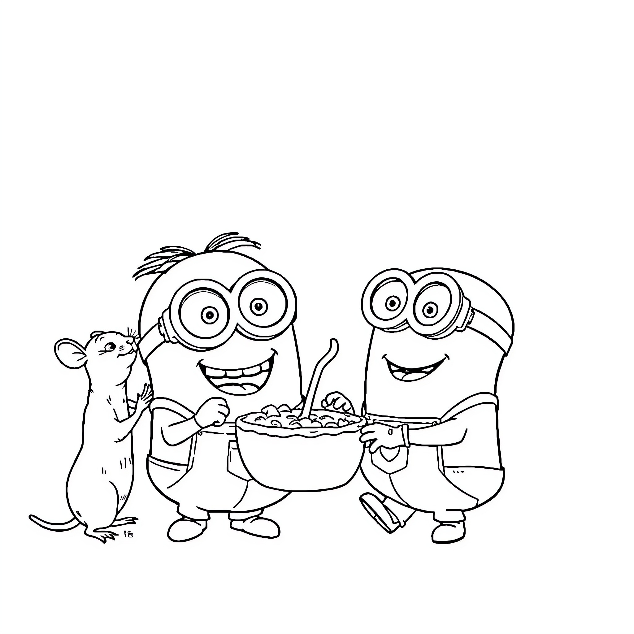 Minions preparing a delicious meal together Coloring Page (free black-and-white line drawing printable PDF for all, from beginners to advanced learners, including children, teens, adults, and seniors)