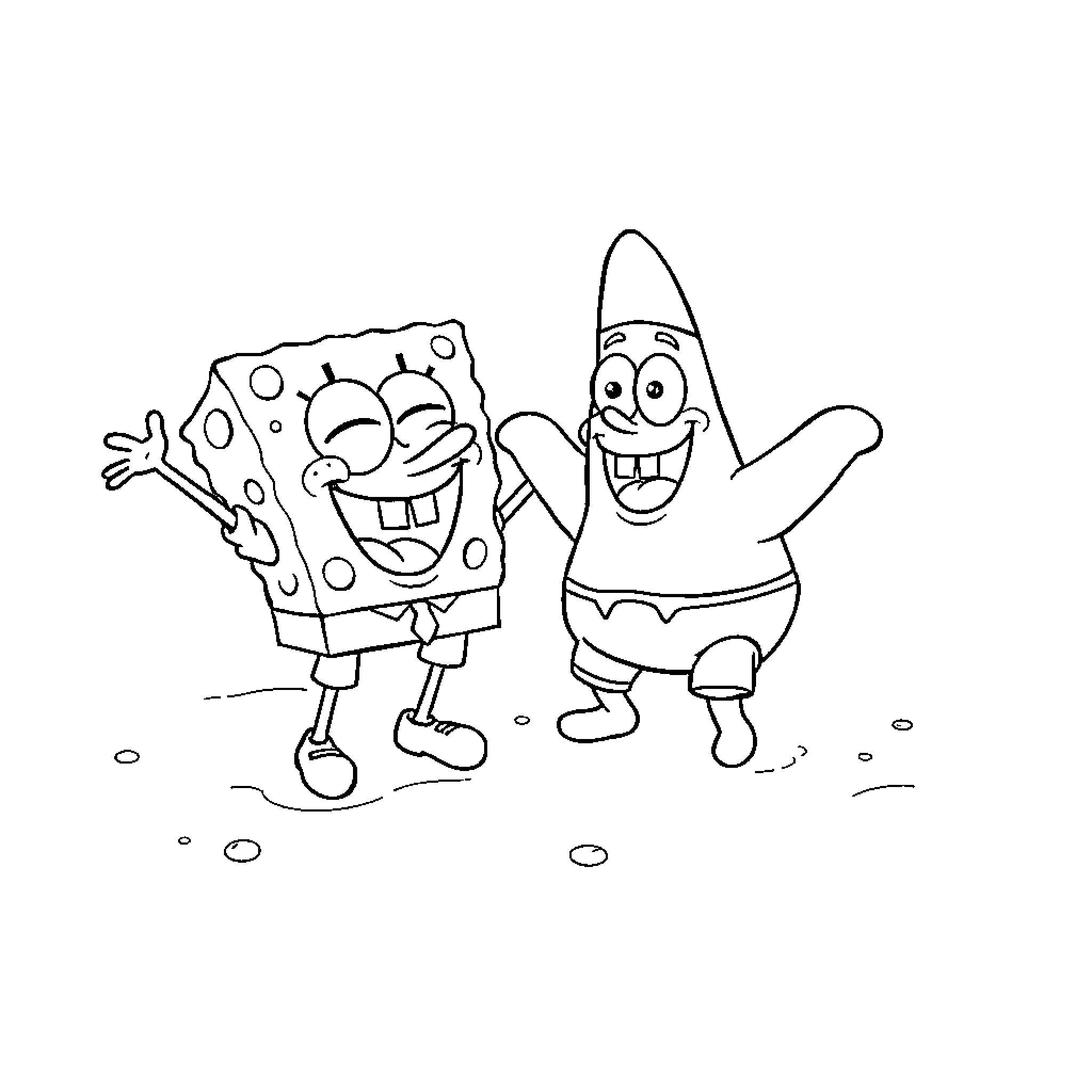 Spongebob and Patrick having a joyful moment Coloring Page (free black-and-white line drawing printable PDF for all, from beginners to advanced learners, including children, teens, adults, and seniors)