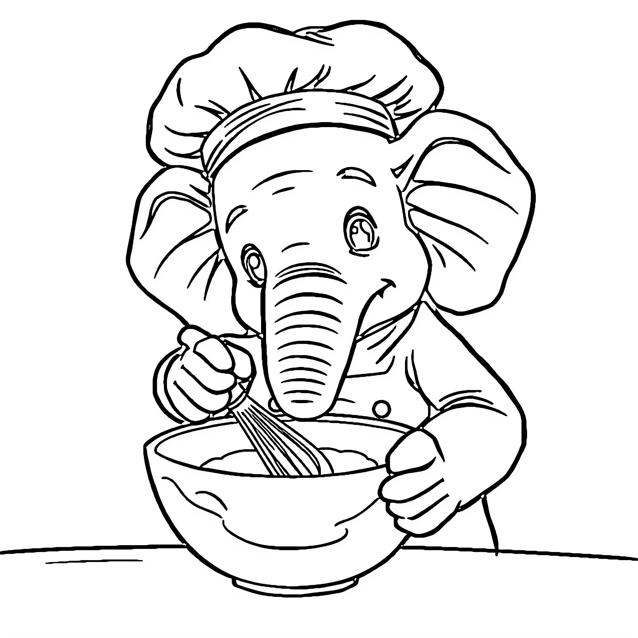 Elephant chef cooking in the kitchen Coloring Page (free black-and-white line drawing printable PDF for all, from beginners to advanced learners, including children, teens, adults, and seniors)