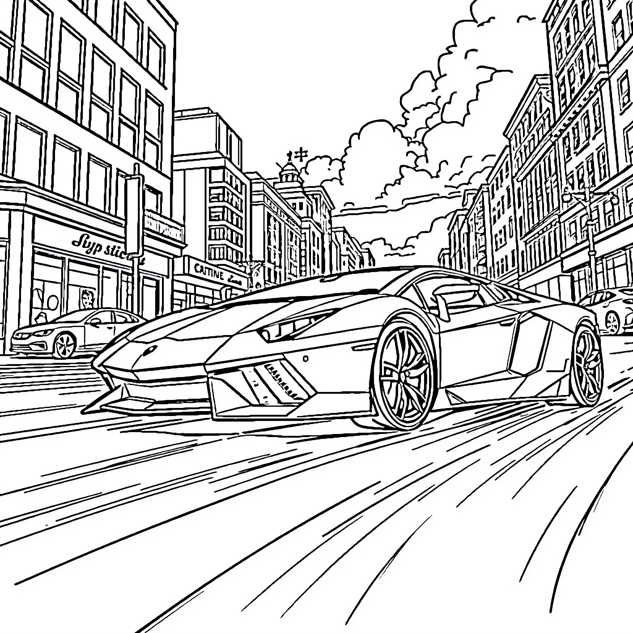 Lamborghini speeding through the city streets Coloring Page (free black-and-white line drawing printable PDF for all, from beginners to advanced learners, including children, teens, adults, and seniors)