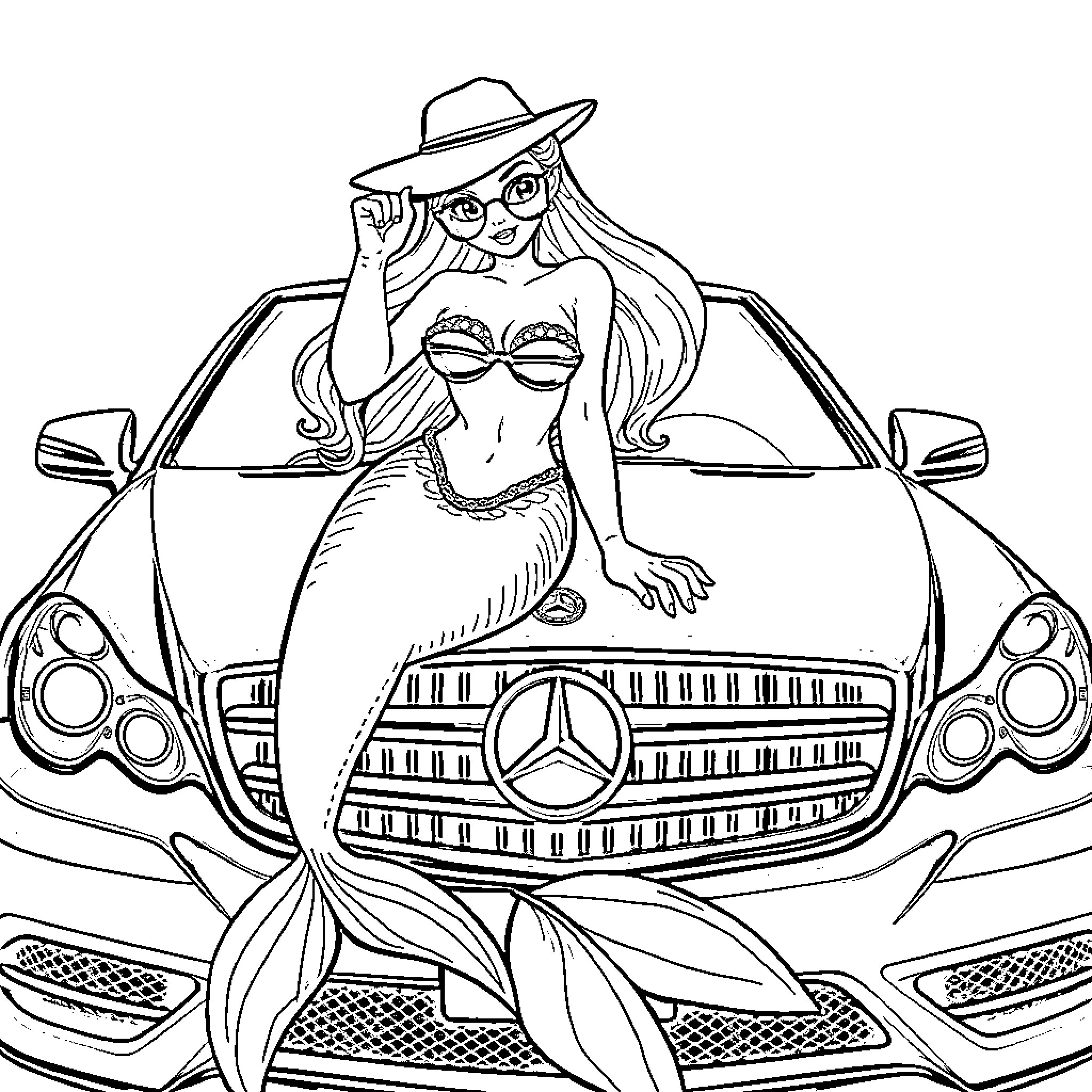 Ariel Relaxing on a Luxury Automobile Coloring Page (free black-and-white line drawing printable PDF for all, from beginners to advanced learners, including children, teens, adults, and seniors)