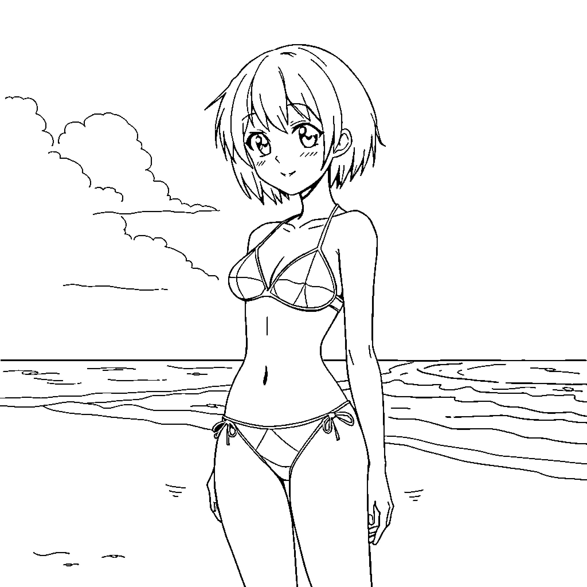 Anime Girl in Bikini by the Ocean Coloring Page (free black-and-white line drawing printable PDF for all, from beginners to advanced learners, including children, teens, adults, and seniors)