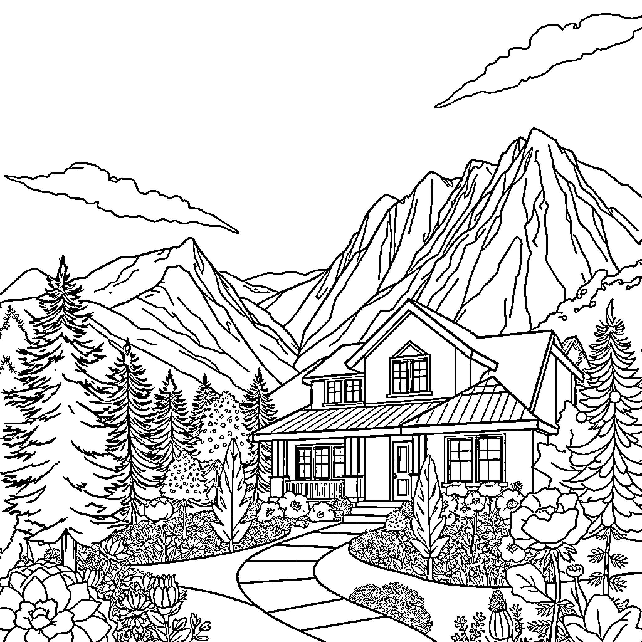 Home in the Mountains with Scenic Landscape Coloring Page (free black-and-white line drawing printable PDF for all, from beginners to advanced learners, including children, teens, adults, and seniors)