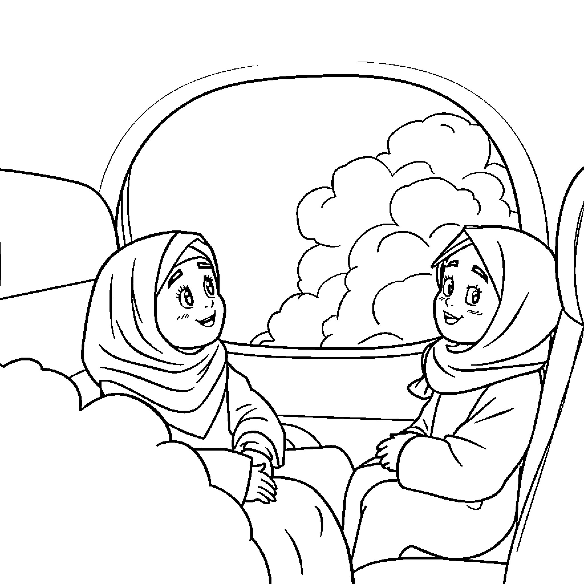 Plane Passengers Enjoying the Scenic View Coloring Page (free black-and-white line drawing printable PDF for all, from beginners to advanced learners, including children, teens, adults, and seniors)