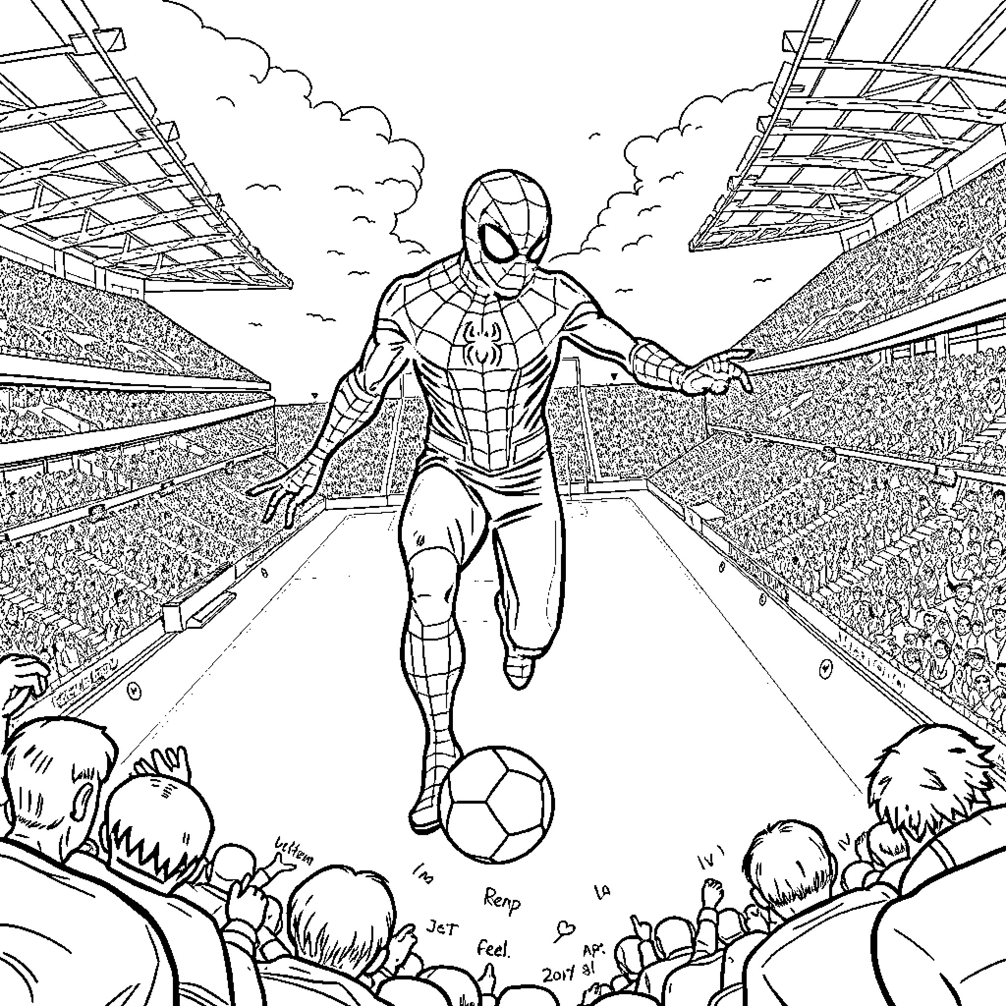 Spiderman playing soccer in a stadium Coloring Page (free black-and-white line drawing printable PDF for all, from beginners to advanced learners, including children, teens, adults, and seniors)