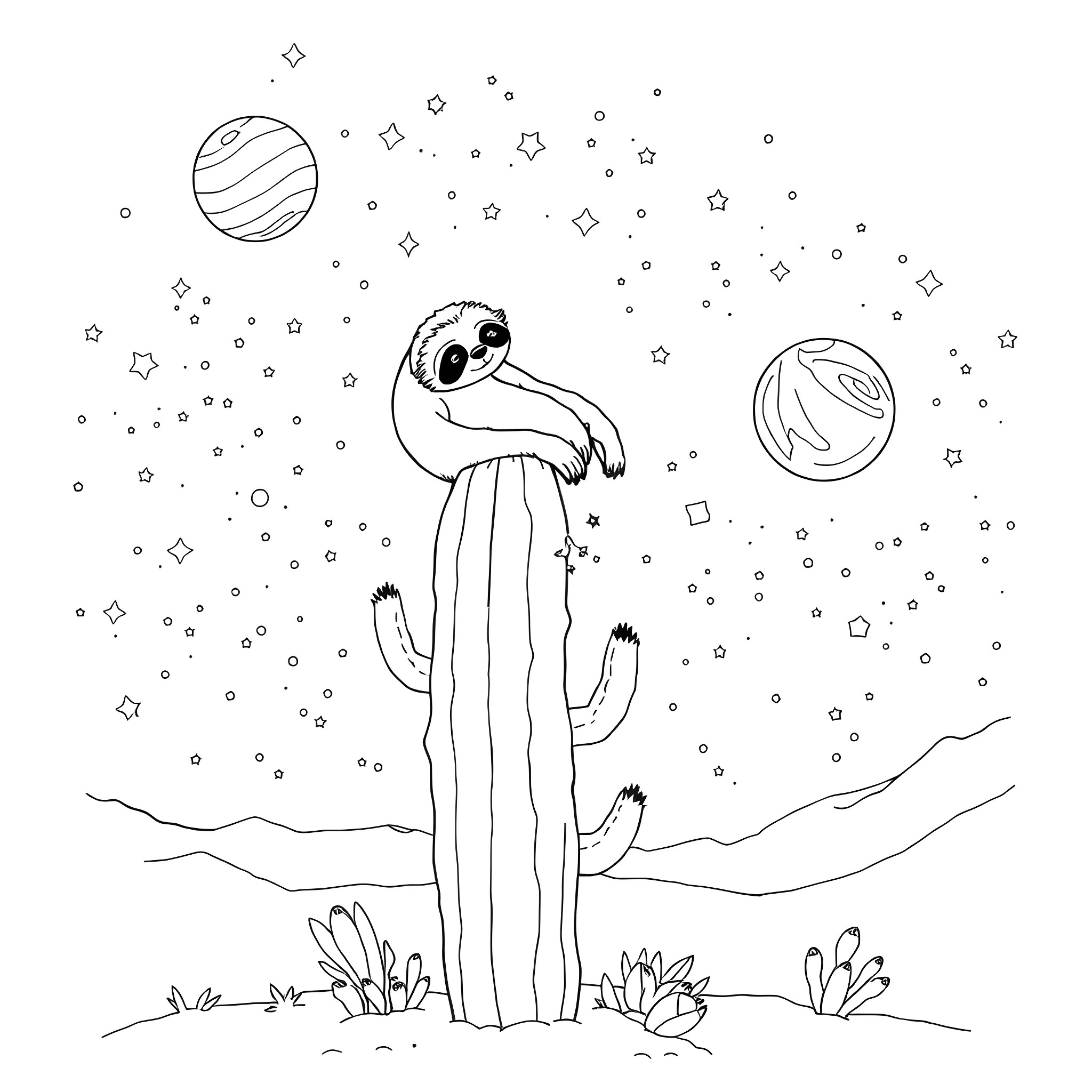 Sloth admiring the cosmic landscapes Coloring Page (free black-and-white line drawing printable PDF for all, from beginners to advanced learners, including children, teens, adults, and seniors)