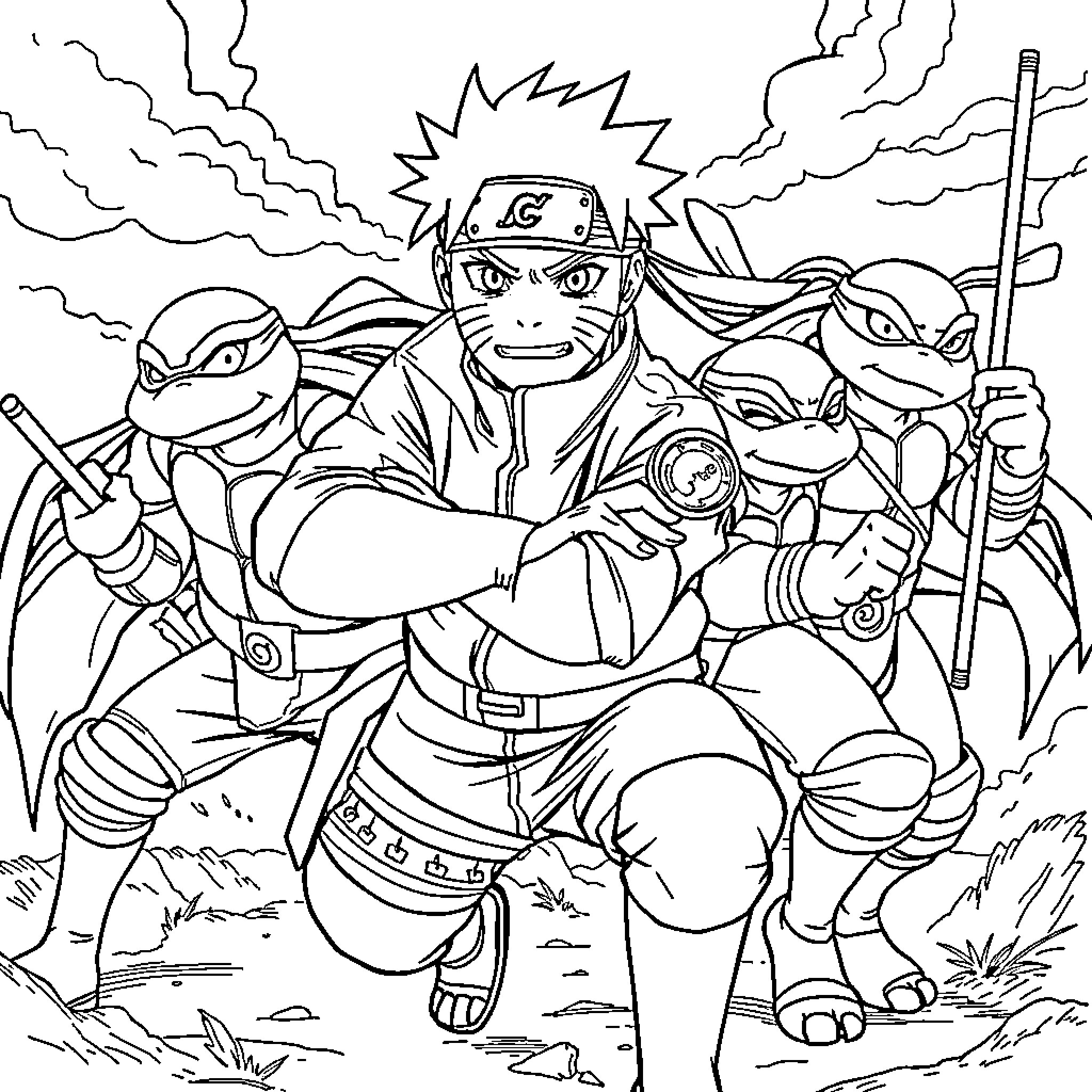 Naruto and Ninja Turtles in Action-Packed Scene Coloring Page (free black-and-white line drawing printable PDF for all, from beginners to advanced learners, including children, teens, adults, and seniors)