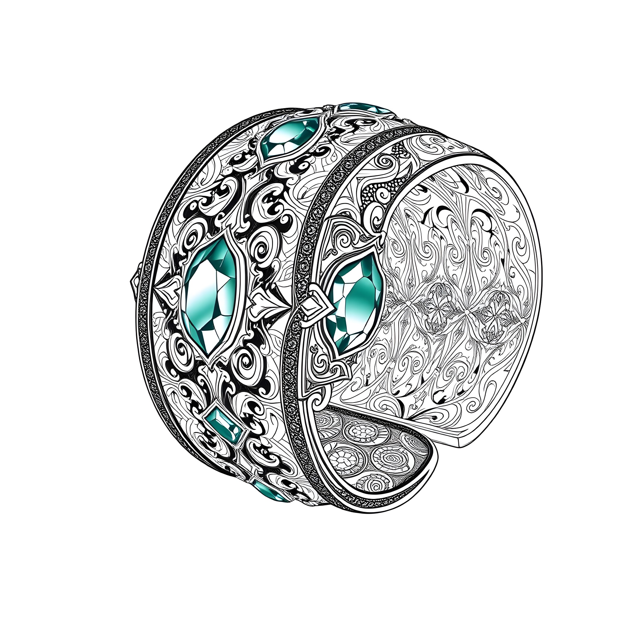 Bracelet with intricate floral patterns and jewels Coloring Page (free black-and-white line drawing printable PDF for all, from beginners to advanced learners, including children, teens, adults, and seniors)