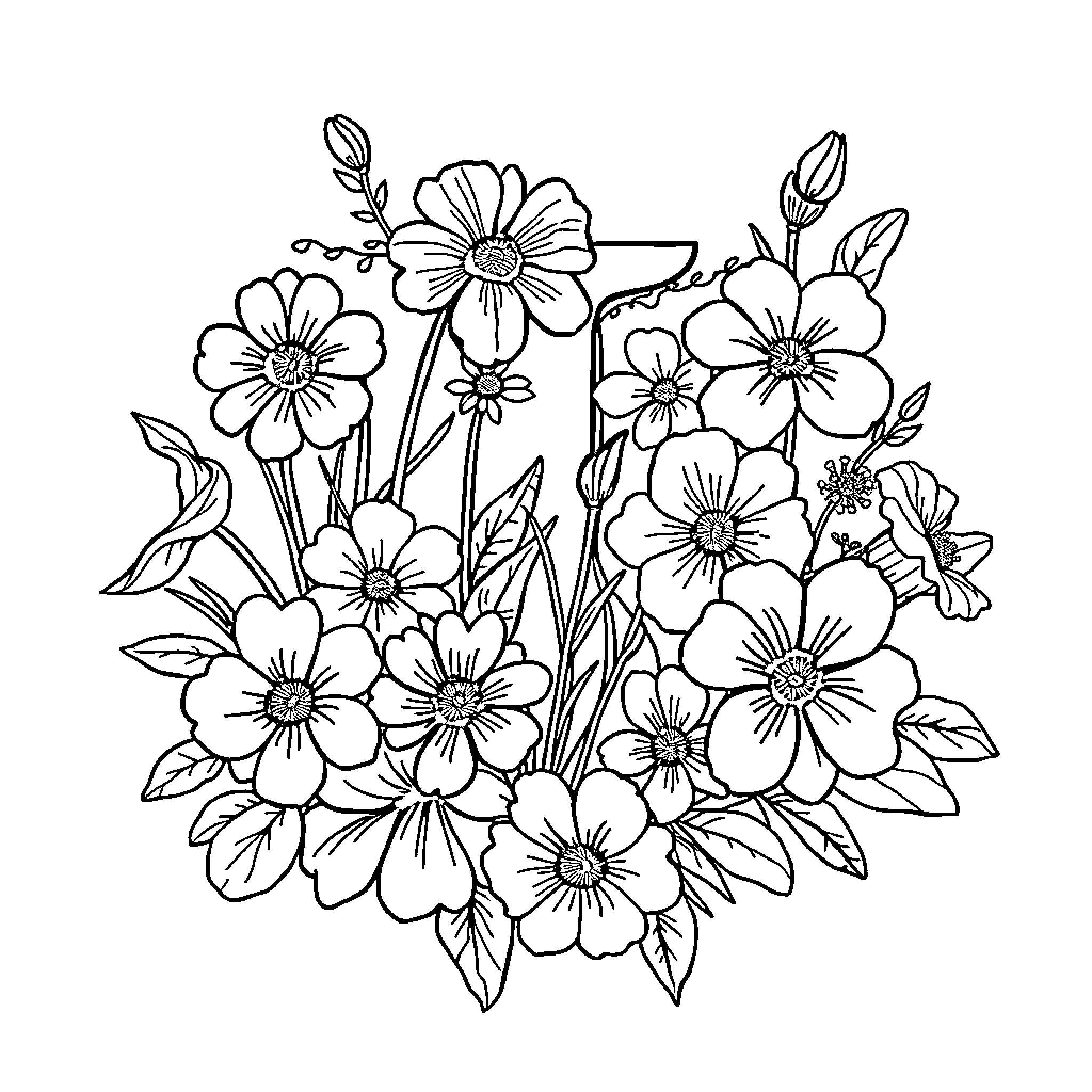 Flower bouquet of blooming wildflowers Coloring Page (free black-and-white line drawing printable PDF for all, from beginners to advanced learners, including children, teens, adults, and seniors)