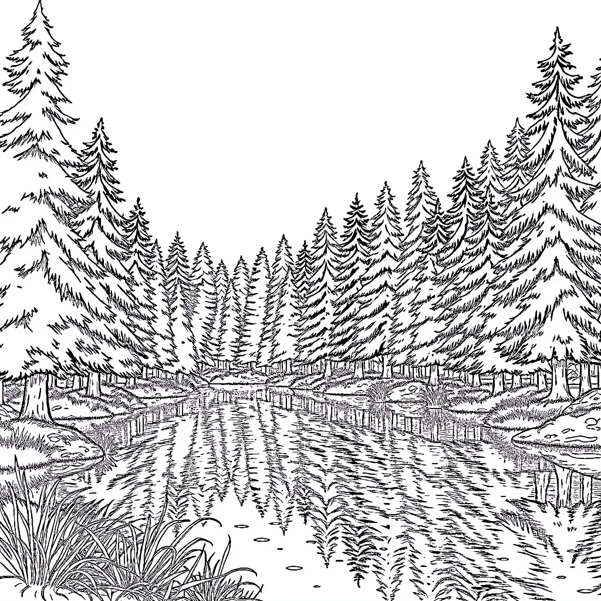 Mère Nature au sein de la forêt sereine Coloring Page (free black-and-white line drawing printable PDF for all, from beginners to advanced learners, including children, teens, adults, and seniors)