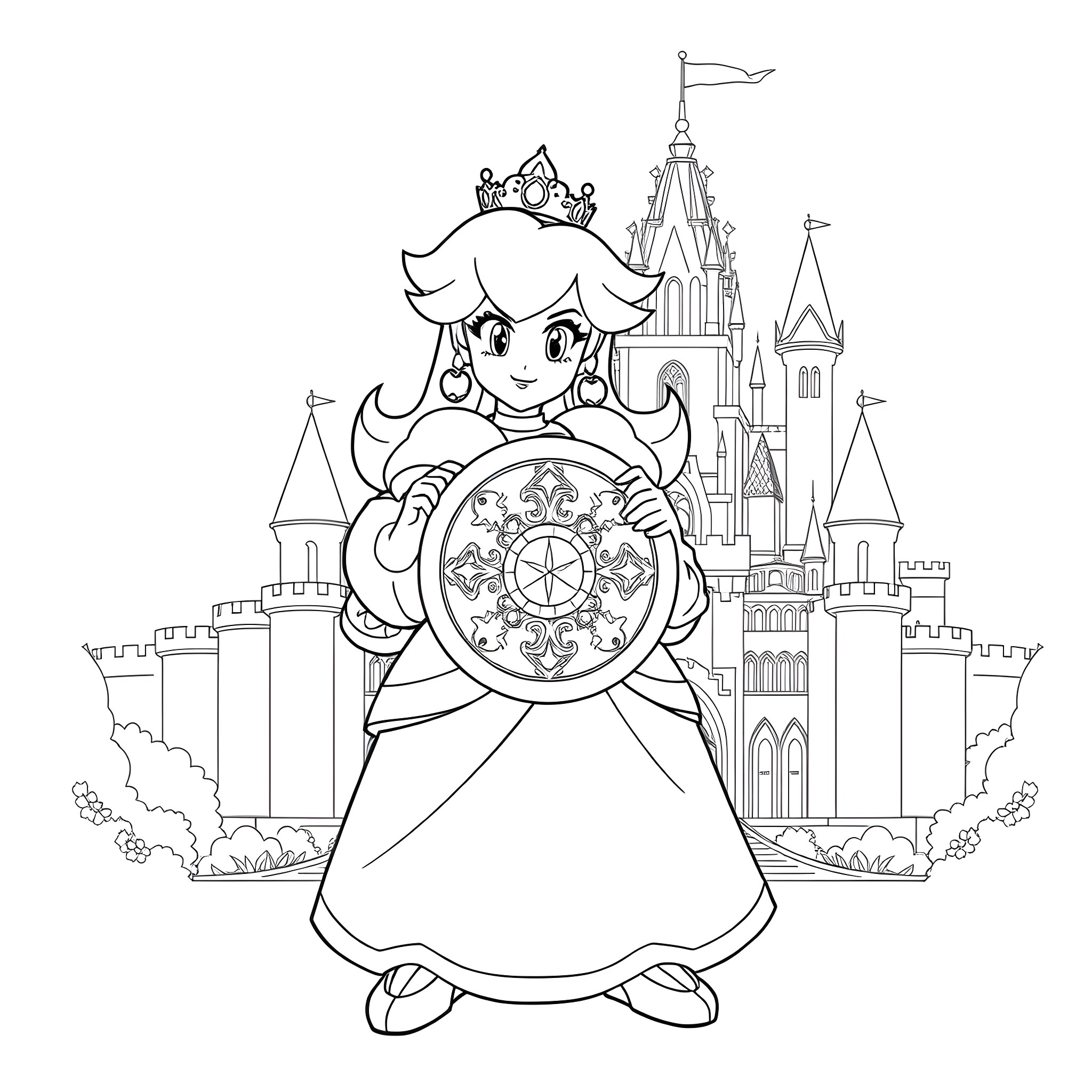 Princess with Intricate Crown and Magical Castle Coloring Page (free black-and-white line drawing printable PDF for all, from beginners to advanced learners, including children, teens, adults, and seniors)