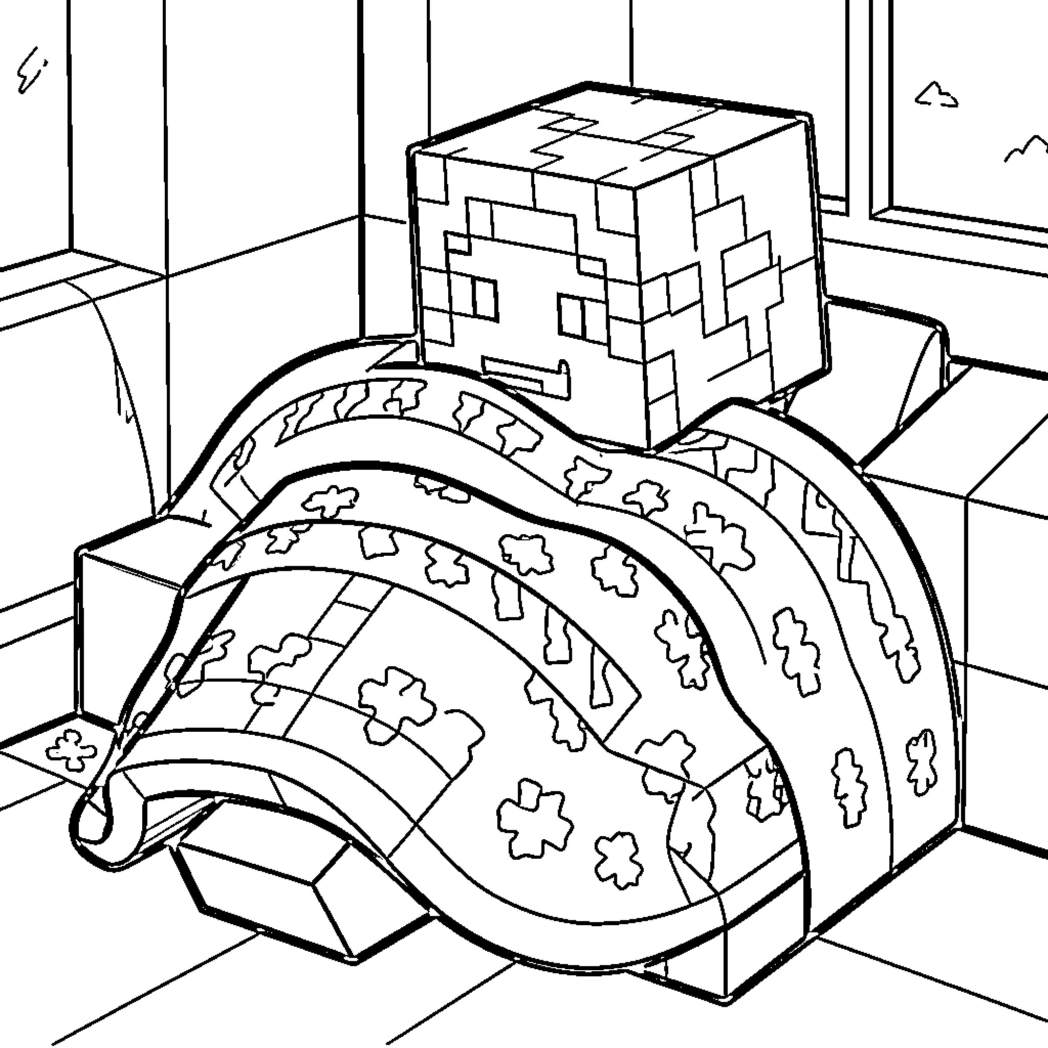 Minecraft character sleeping peacefully in a cozy bed Coloring Page (free black-and-white line drawing printable PDF for all, from beginners to advanced learners, including children, teens, adults, and seniors)