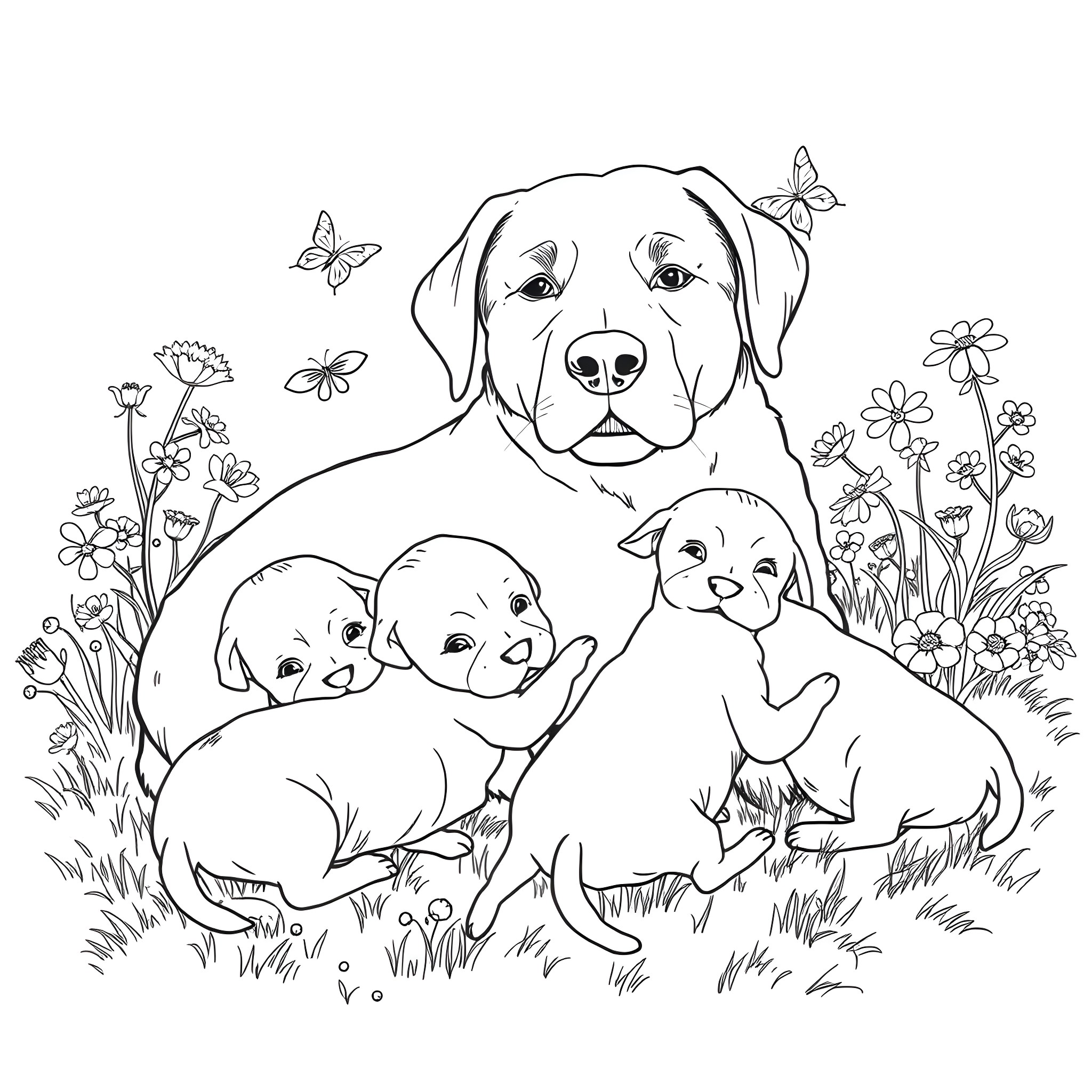 Dog and puppies in a meadow with butterflies Coloring Page (free black-and-white line drawing printable PDF for all, from beginners to advanced learners, including children, teens, adults, and seniors)