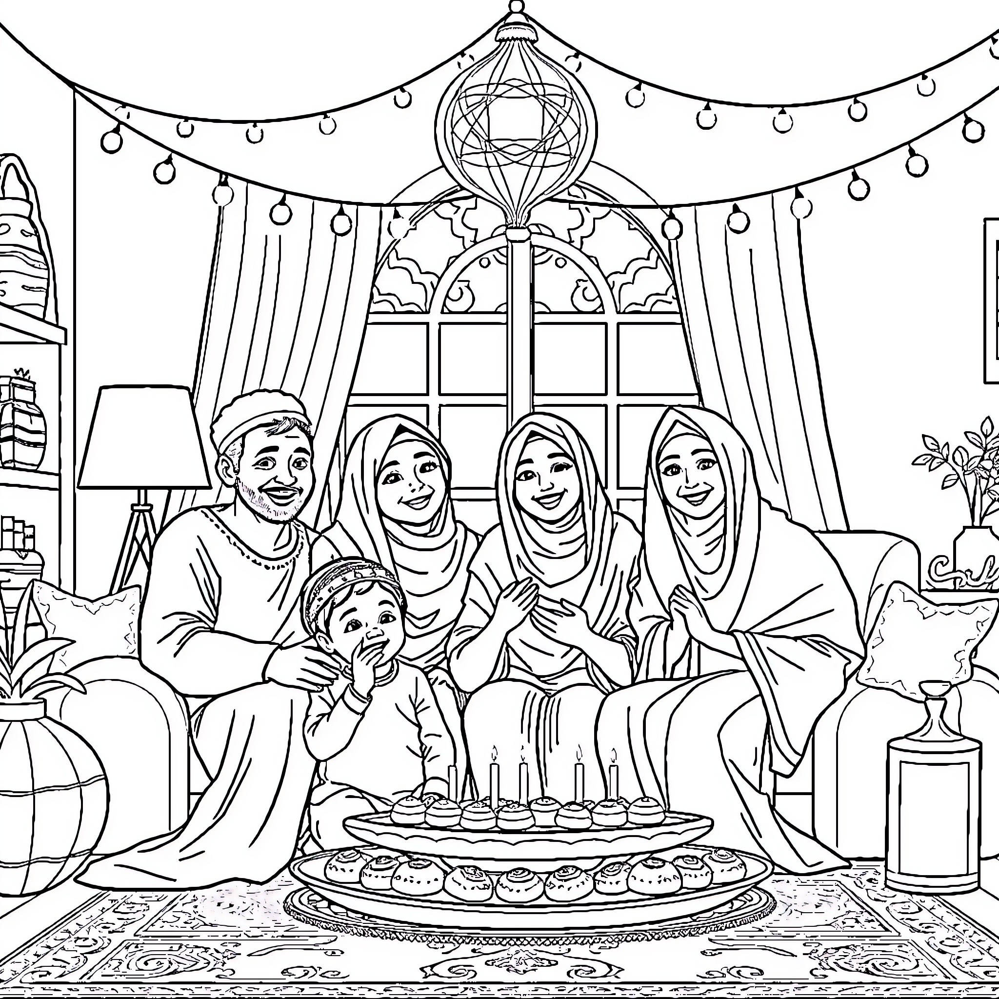 Family celebrating a joyful occasion together Coloring Page (free black-and-white line drawing printable PDF for all, from beginners to advanced learners, including children, teens, adults, and seniors)