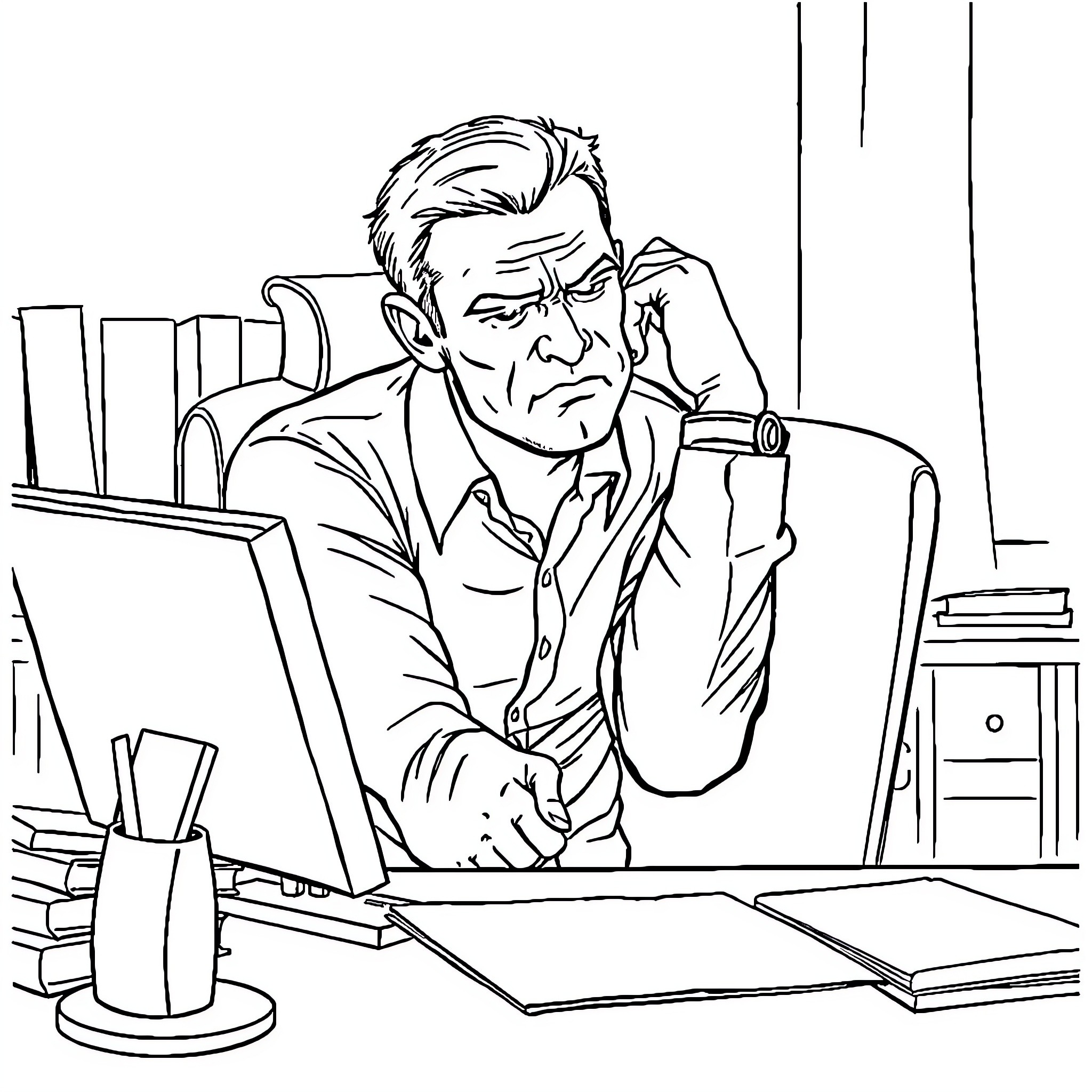 Person focused on work at office desk Coloring Page (free black-and-white line drawing printable PDF for all, from beginners to advanced learners, including children, teens, adults, and seniors)