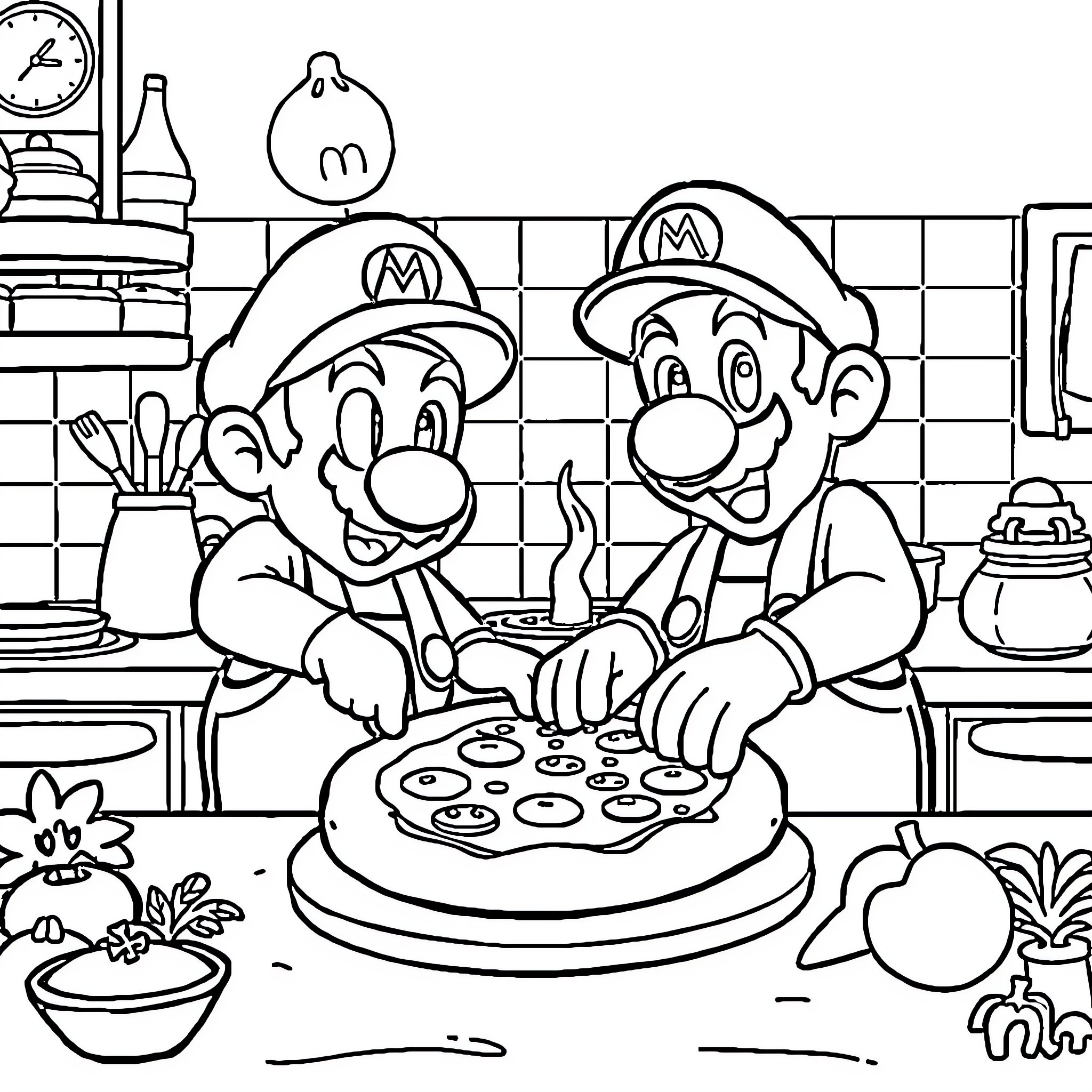 Mario Brothers Cooking and Preparing a Meal Coloring Page (free black-and-white line drawing printable PDF for all, from beginners to advanced learners, including children, teens, adults, and seniors)