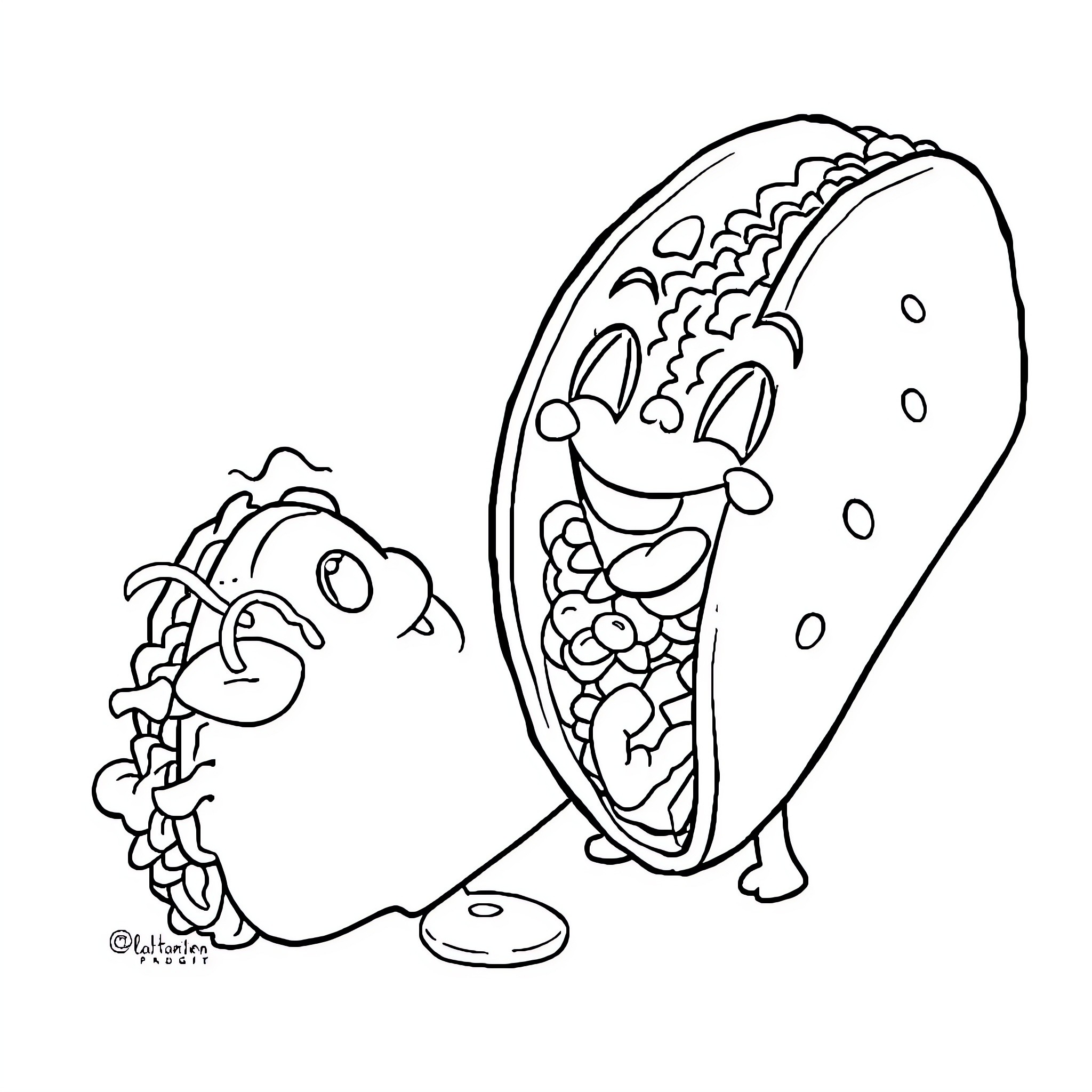 Taco characters enjoying a playful scene Coloring Page (free black-and-white line drawing printable PDF for all, from beginners to advanced learners, including children, teens, adults, and seniors)