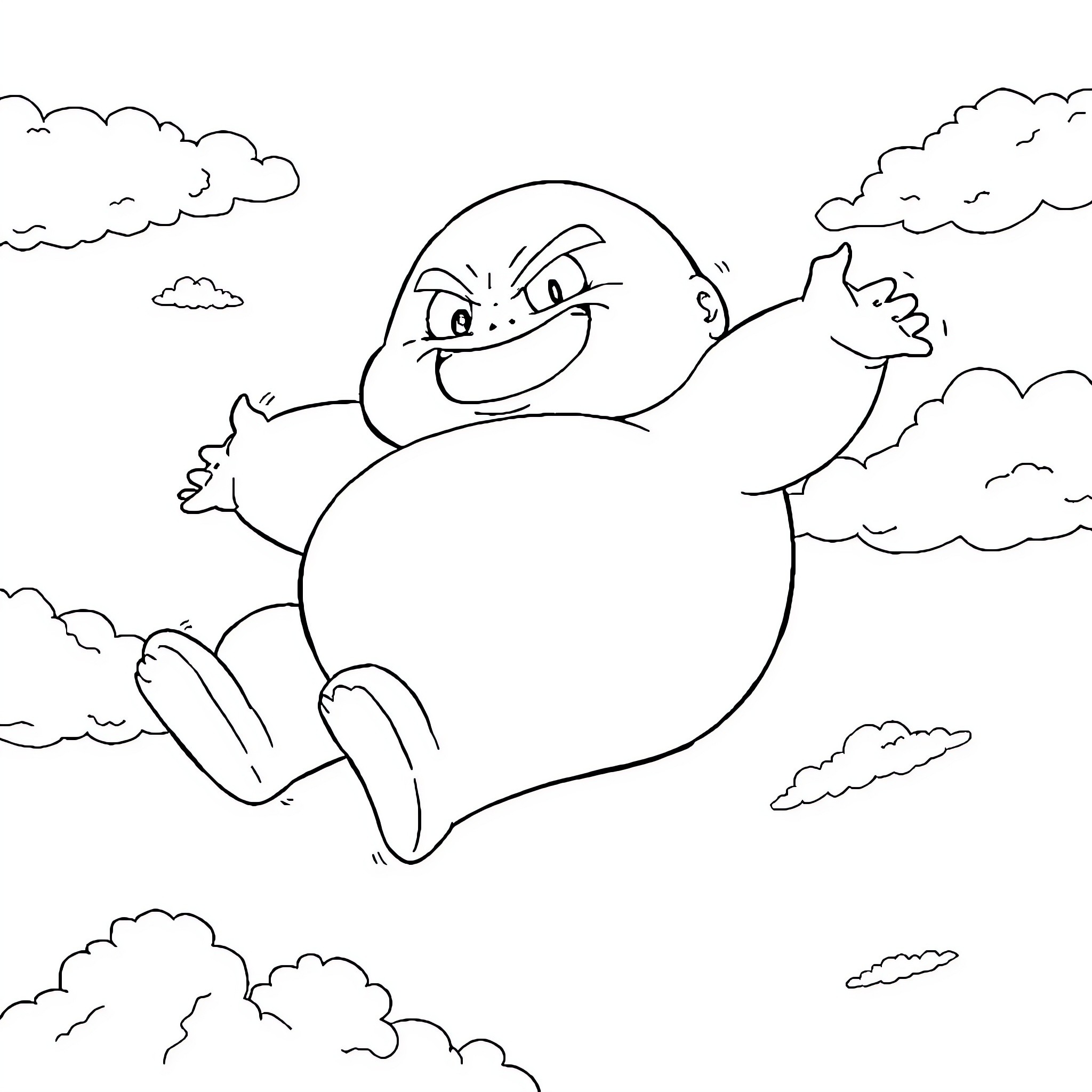 Majin Boo Floating Among Clouds Coloring Page (free black-and-white line drawing printable PDF for all, from beginners to advanced learners, including children, teens, adults, and seniors)