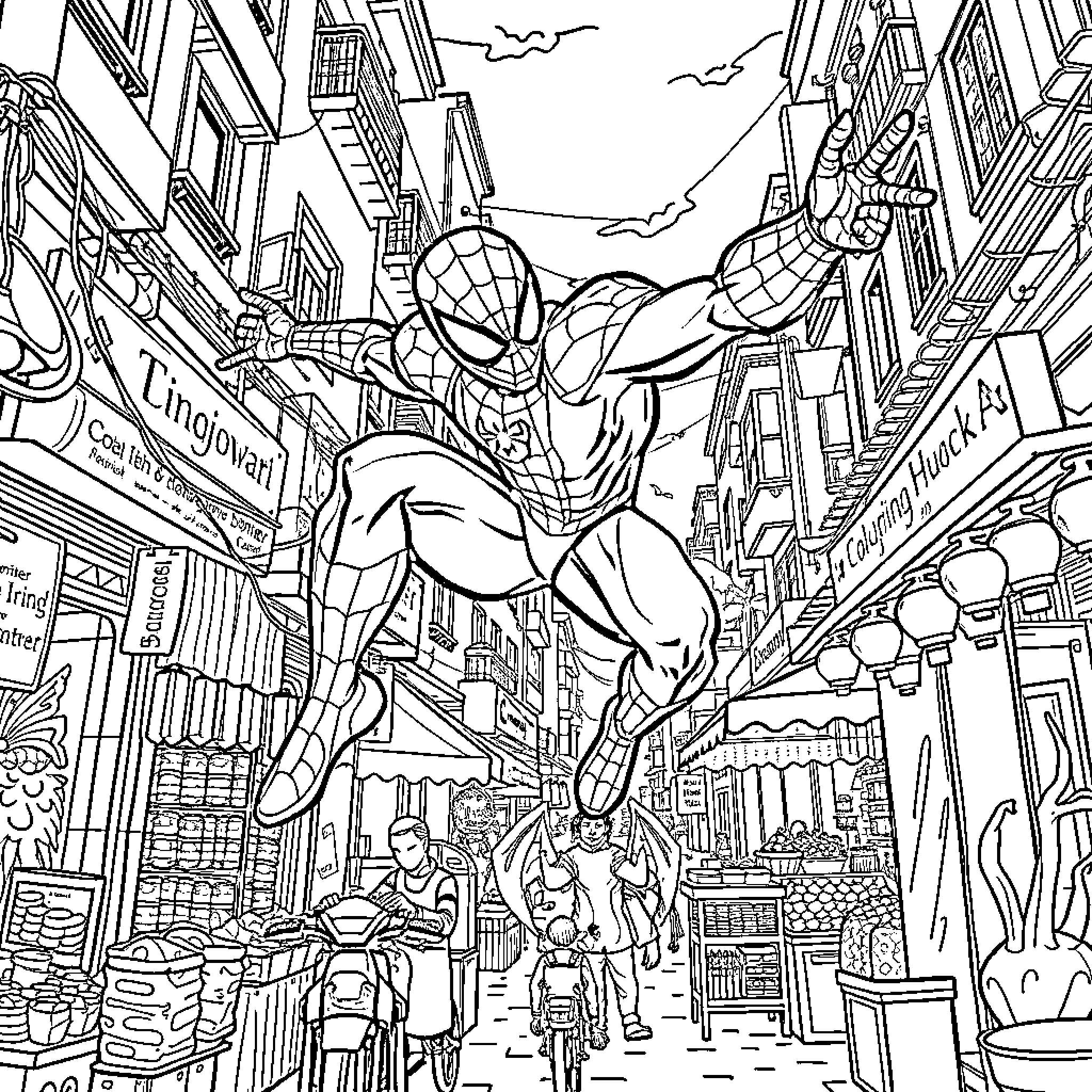 Spider-Man swinging through the city streets Coloring Page (free black-and-white line drawing printable PDF for all, from beginners to advanced learners, including children, teens, adults, and seniors)
