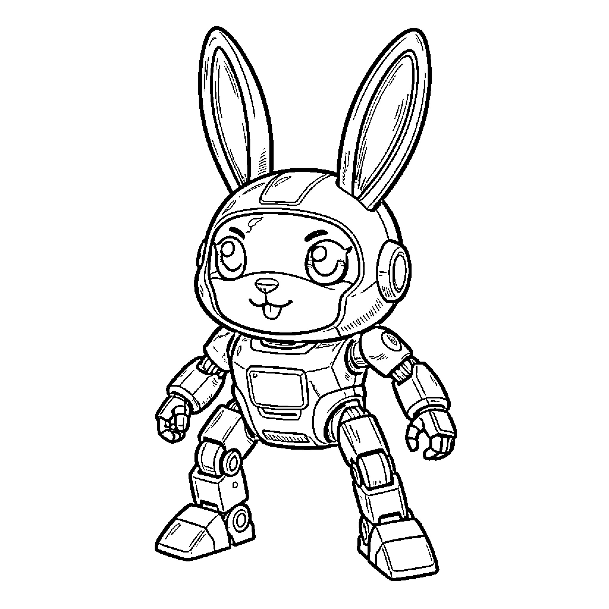Robot Bunny standing with a cute expression Coloring Page (free black-and-white line drawing printable PDF for all, from beginners to advanced learners, including children, teens, adults, and seniors)