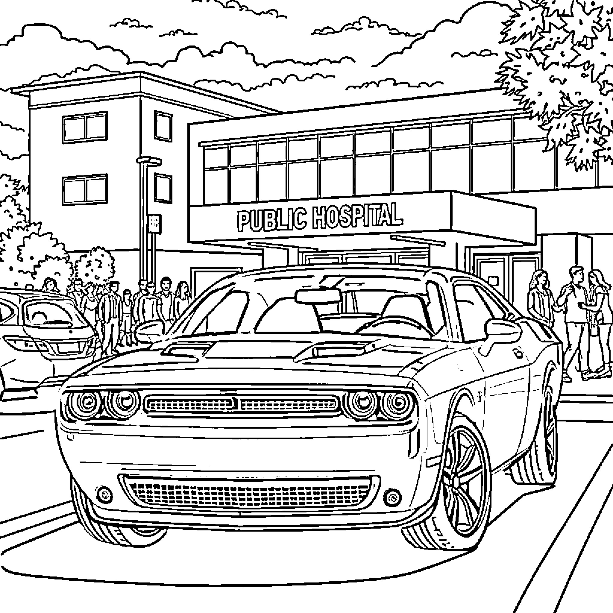 Dodge Challenger parked at the Public Hospital Coloring Page (free black-and-white line drawing printable PDF for all, from beginners to advanced learners, including children, teens, adults, and seniors)