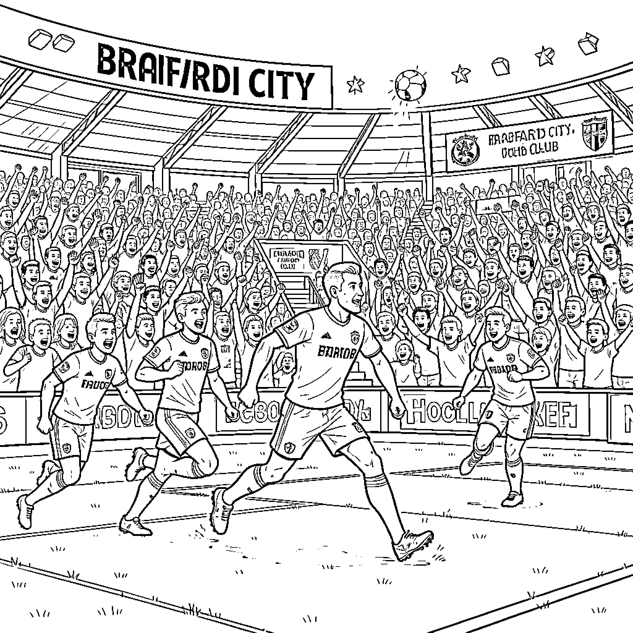 Bradford City soccer players celebrating a goal with fans Coloring Page (free black-and-white line drawing printable PDF for all, from beginners to advanced learners, including children, teens, adults, and seniors)