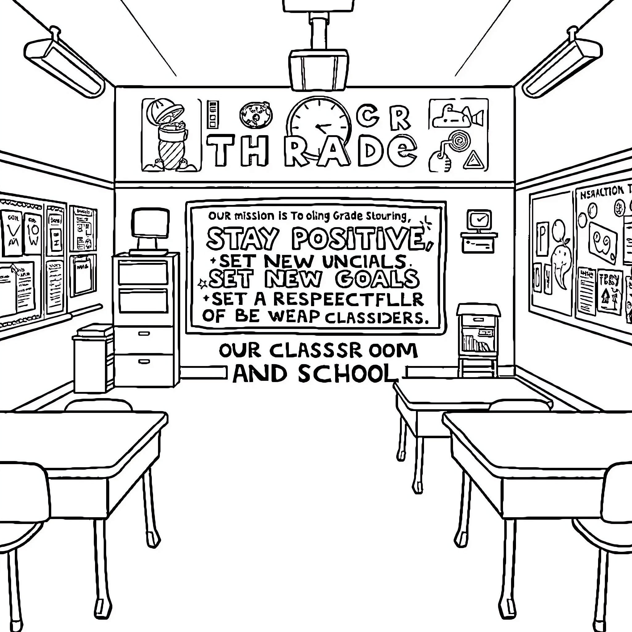 Classroom Inspiring Positive Learning Environment Coloring Page (free black-and-white line drawing printable PDF for all, from beginners to advanced learners, including children, teens, adults, and seniors)