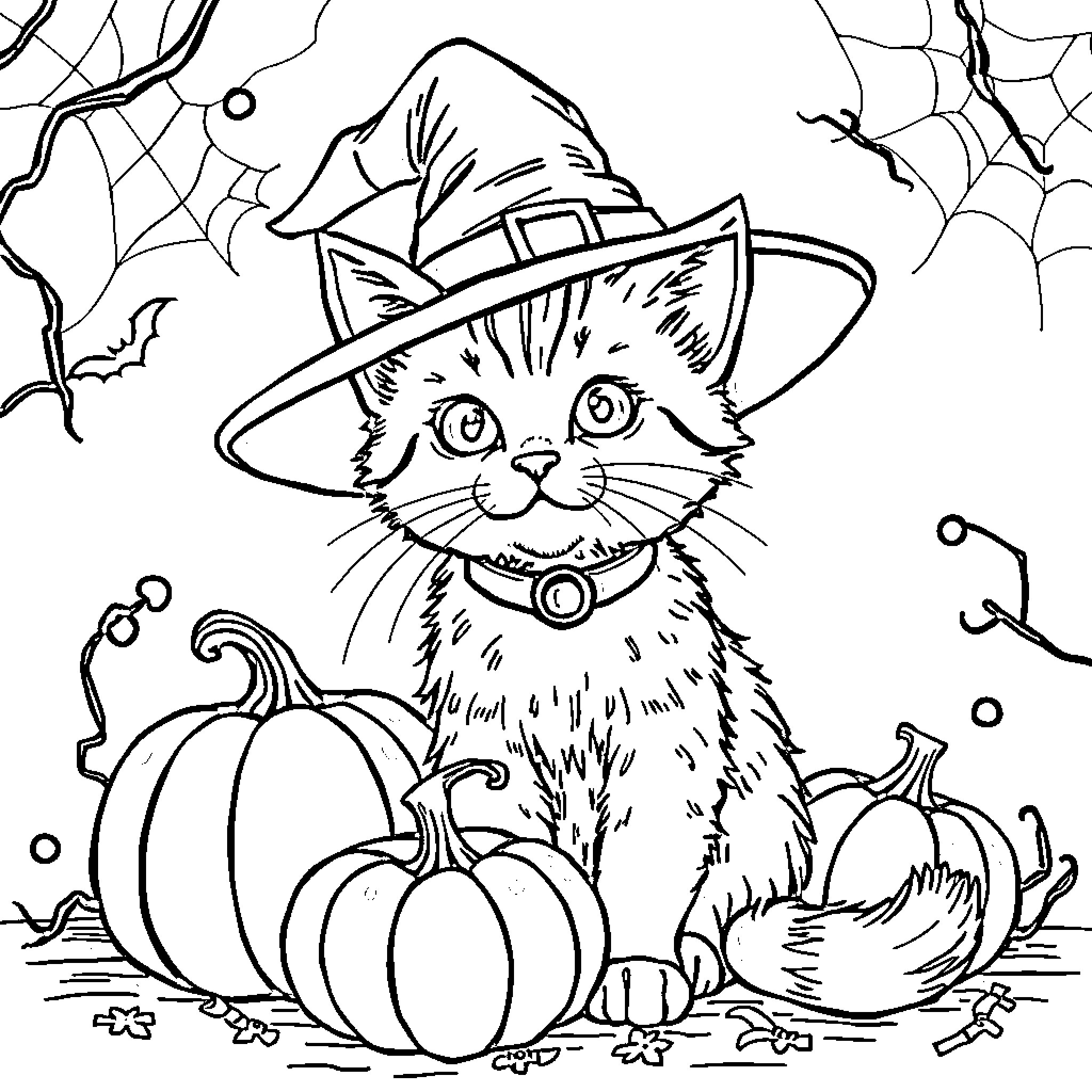 Cat in Halloween Witch Hat with Pumpkins Coloring Page (free black-and-white line drawing printable PDF for all, from beginners to advanced learners, including children, teens, adults, and seniors)