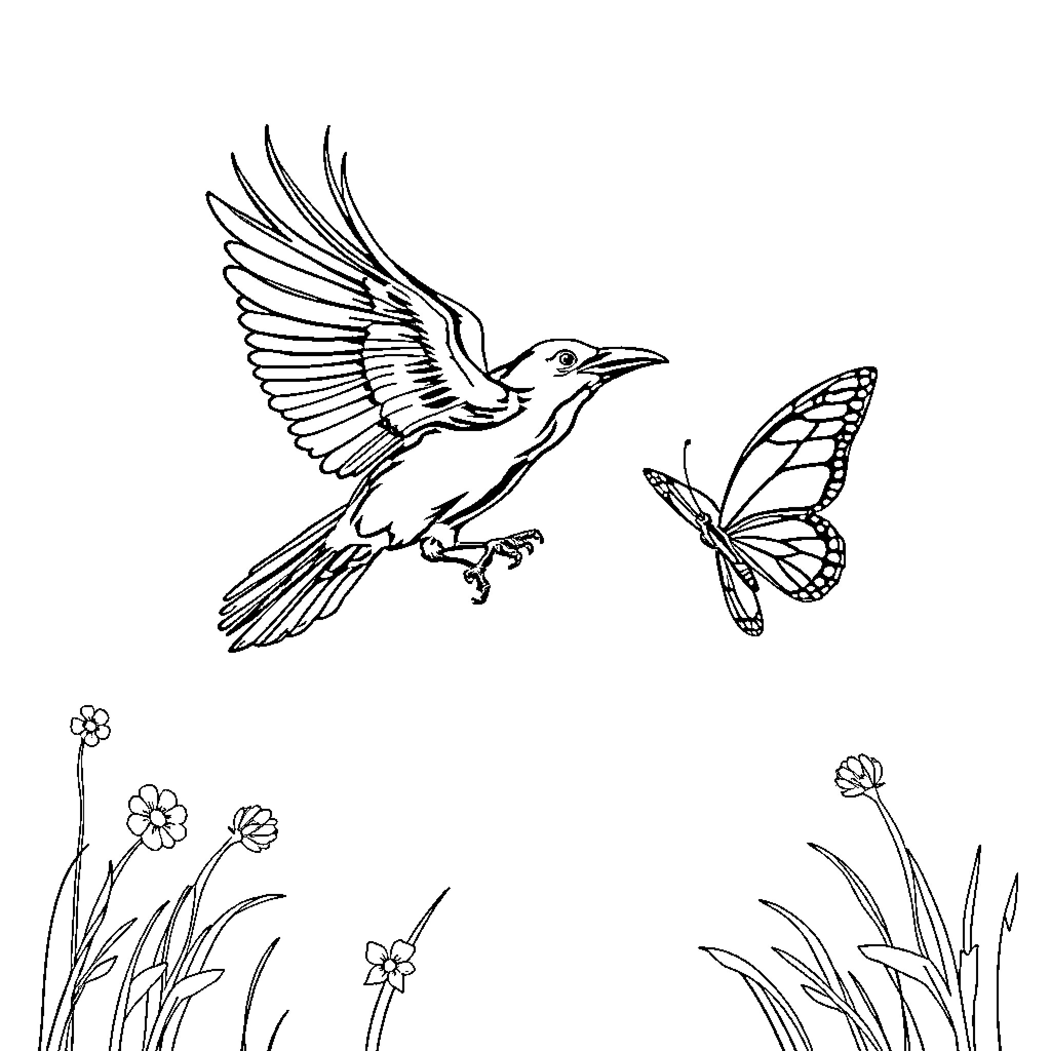 Crow in flight chasing butterfly in nature Coloring Page (free black-and-white line drawing printable PDF for all, from beginners to advanced learners, including children, teens, adults, and seniors)