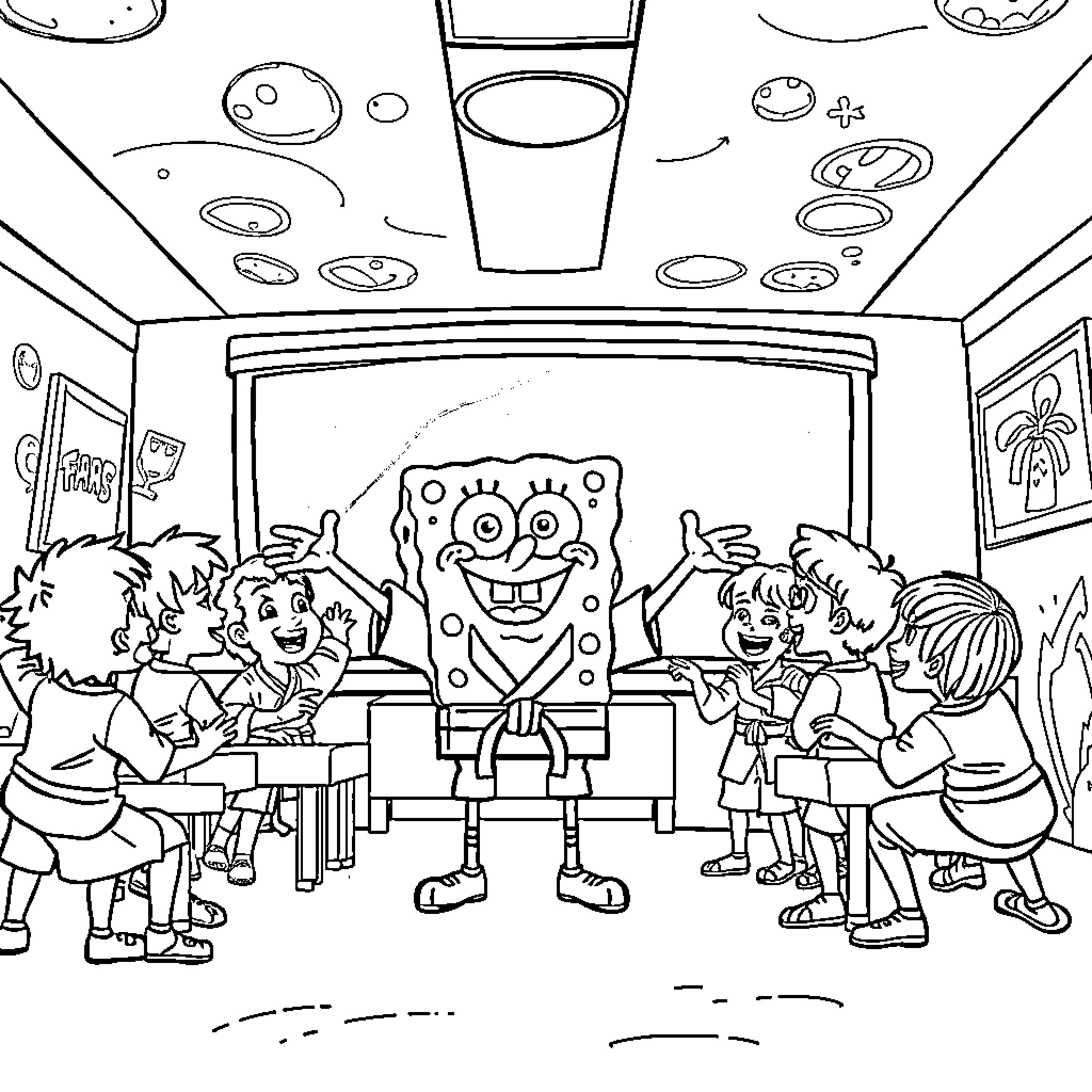Spongebob celebrating with friends in the classroom Coloring Page (free black-and-white line drawing printable PDF for all, from beginners to advanced learners, including children, teens, adults, and seniors)