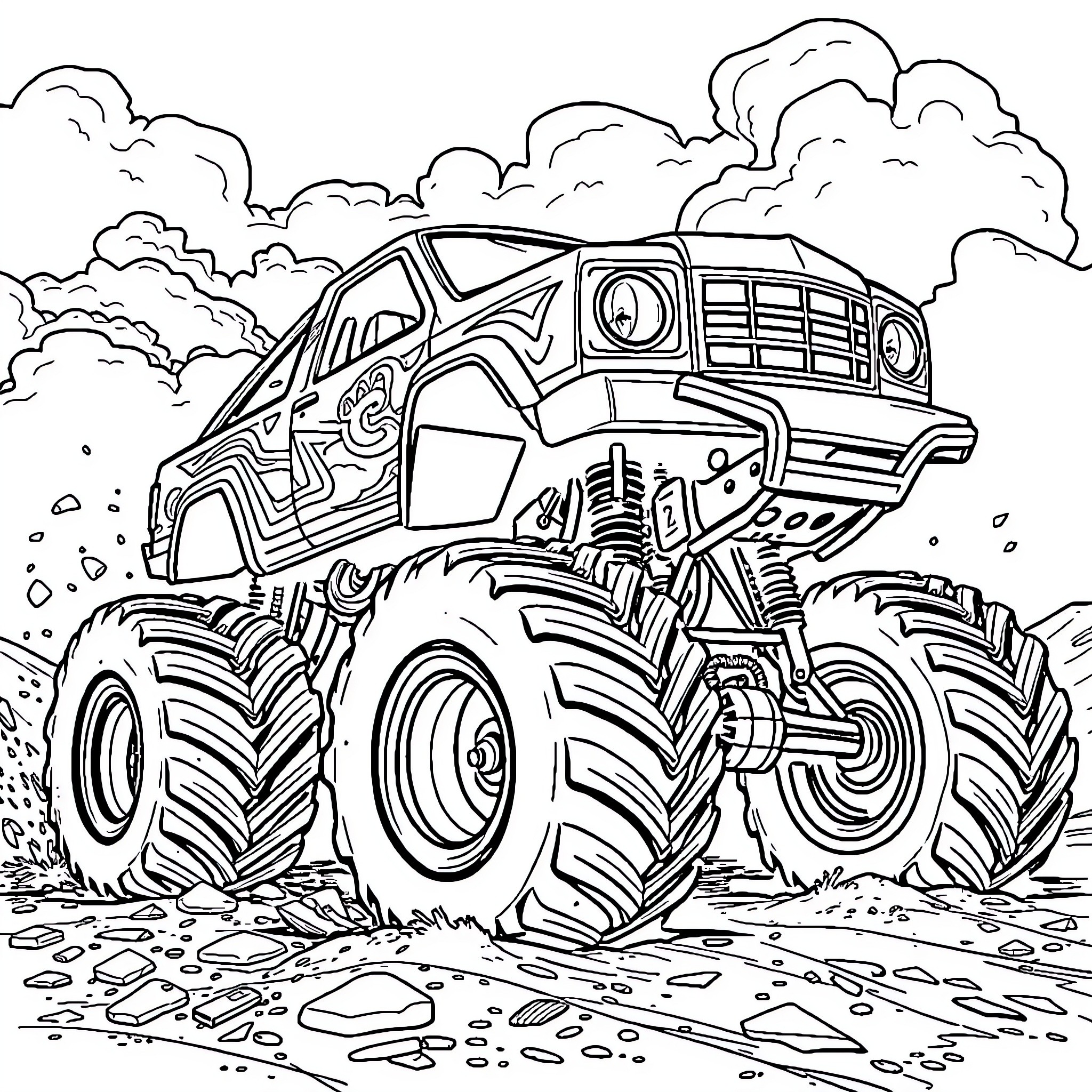 Monster Truck Crushing Through Rugged Terrain Coloring Page (free black-and-white line drawing printable PDF for all, from beginners to advanced learners, including children, teens, adults, and seniors)