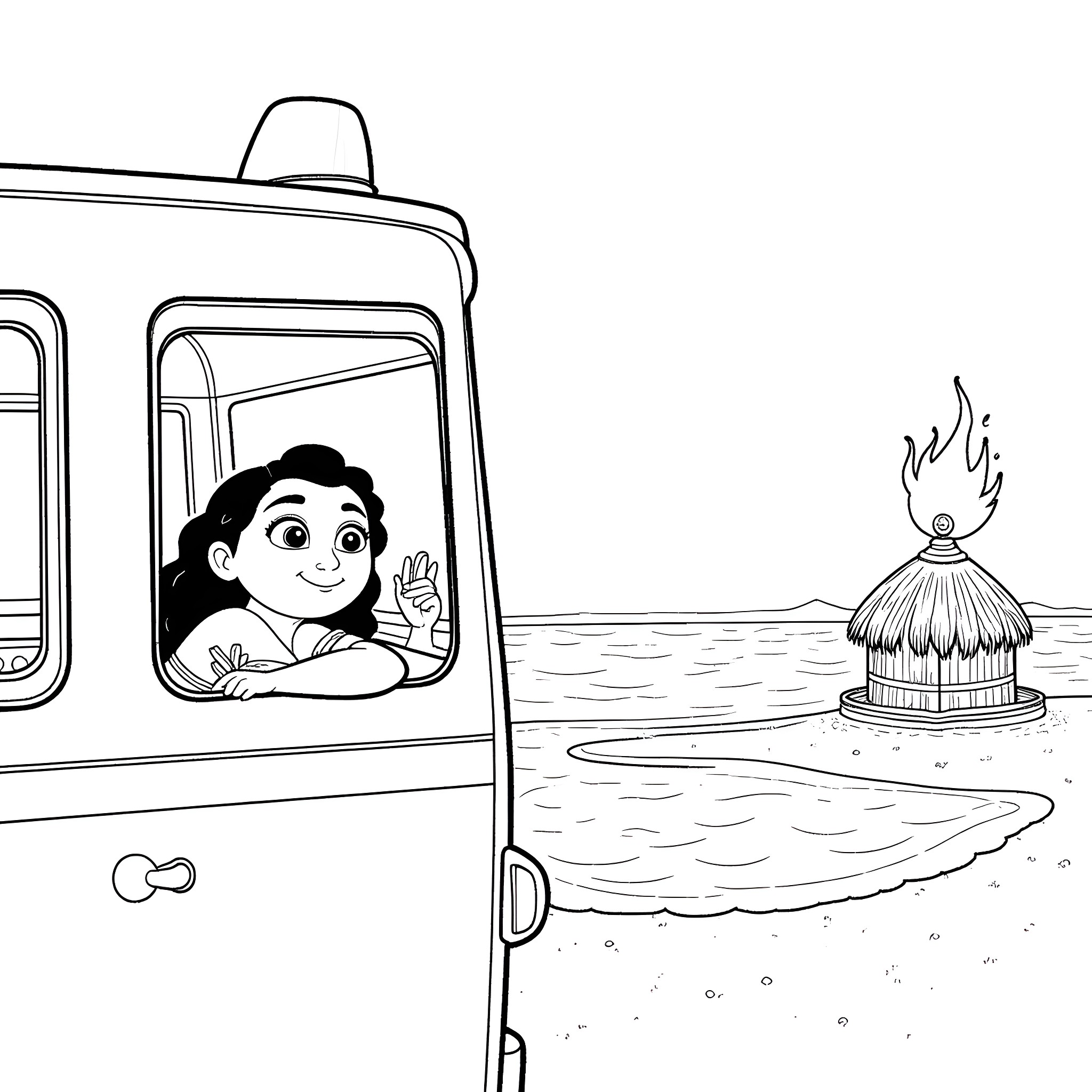 Moana exploring the sea in a boat Coloring Page (free black-and-white line drawing printable PDF for all, from beginners to advanced learners, including children, teens, adults, and seniors)