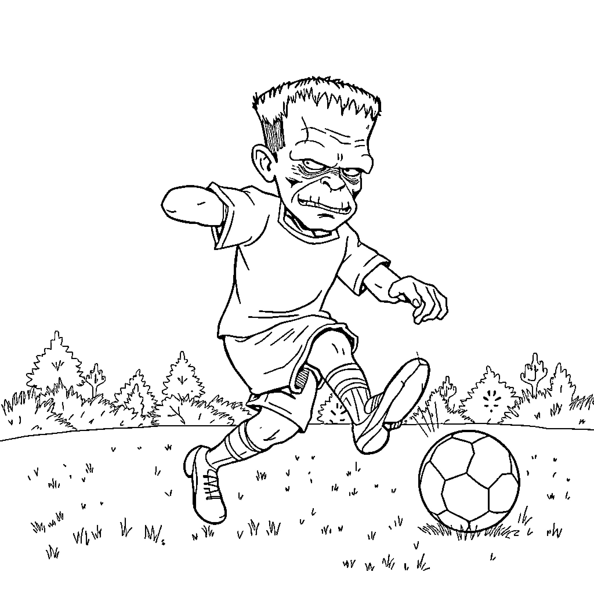Frankenstein playing soccer in the park Coloring Page (free black-and-white line drawing printable PDF for all, from beginners to advanced learners, including children, teens, adults, and seniors)