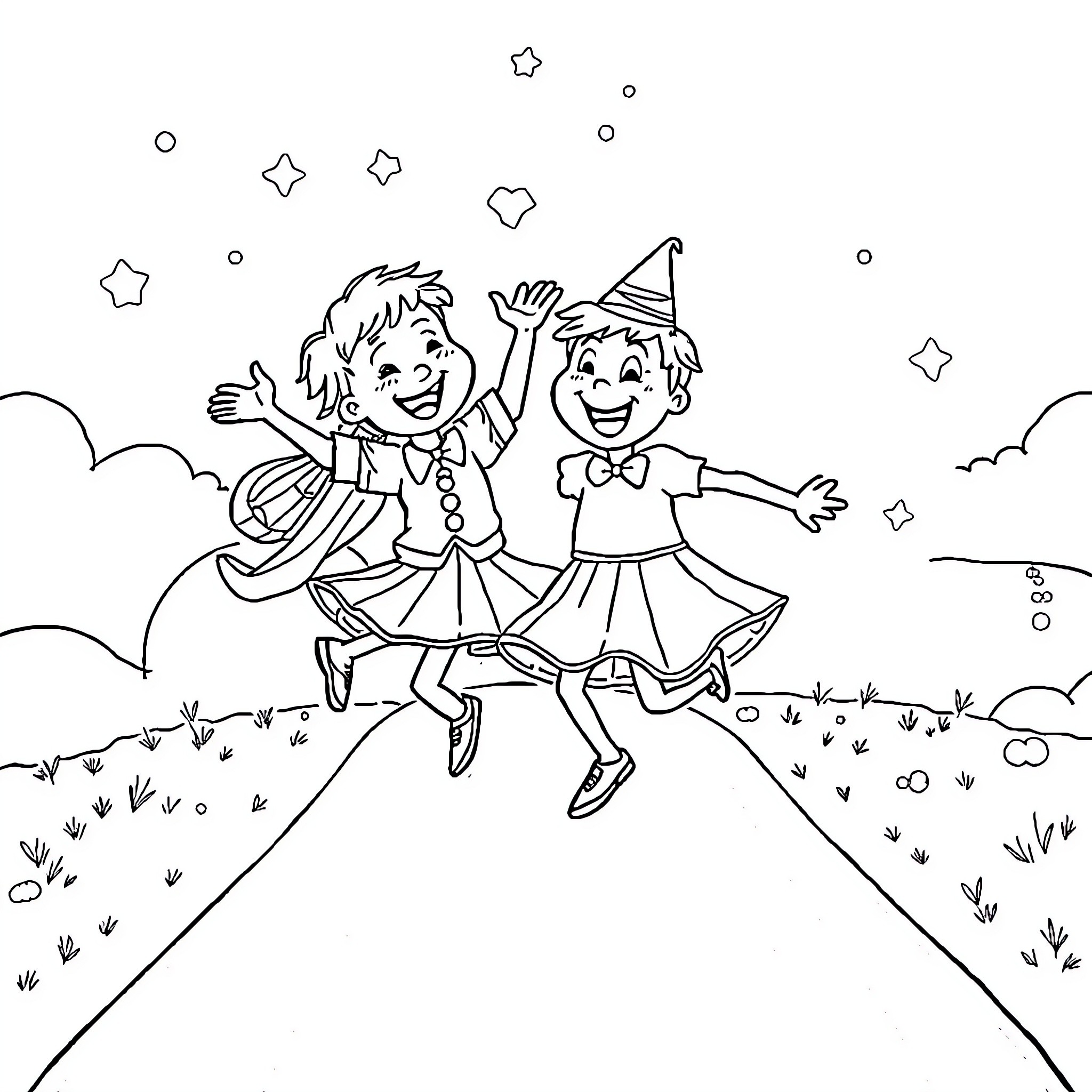 True Joyful Children Celebrating under the Starry Night Coloring Page (free black-and-white line drawing printable PDF for all, from beginners to advanced learners, including children, teens, adults, and seniors)