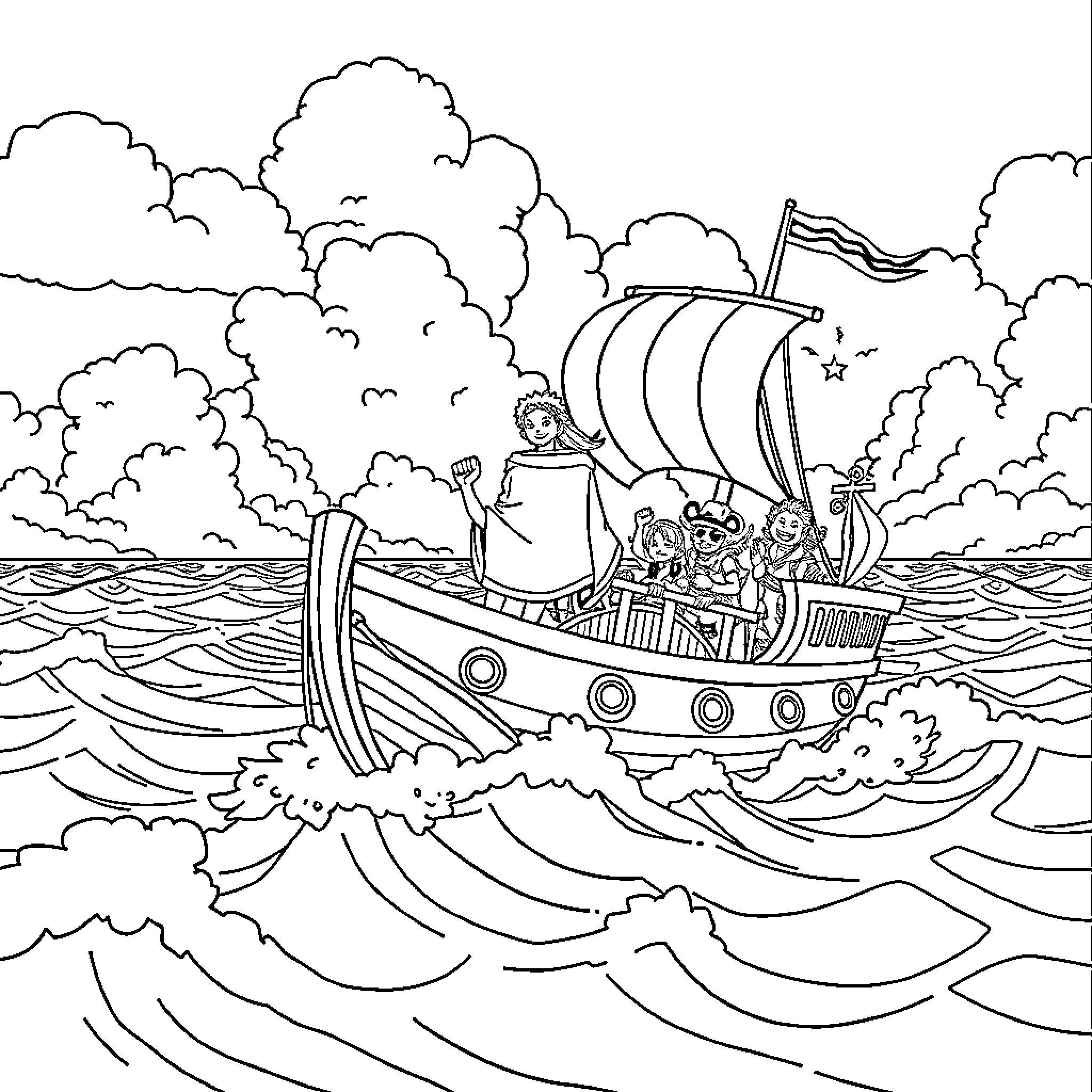 One Piece Pirate Ship Sailing Through Stormy Seas Coloring Page (free black-and-white line drawing printable PDF for all, from beginners to advanced learners, including children, teens, adults, and seniors)