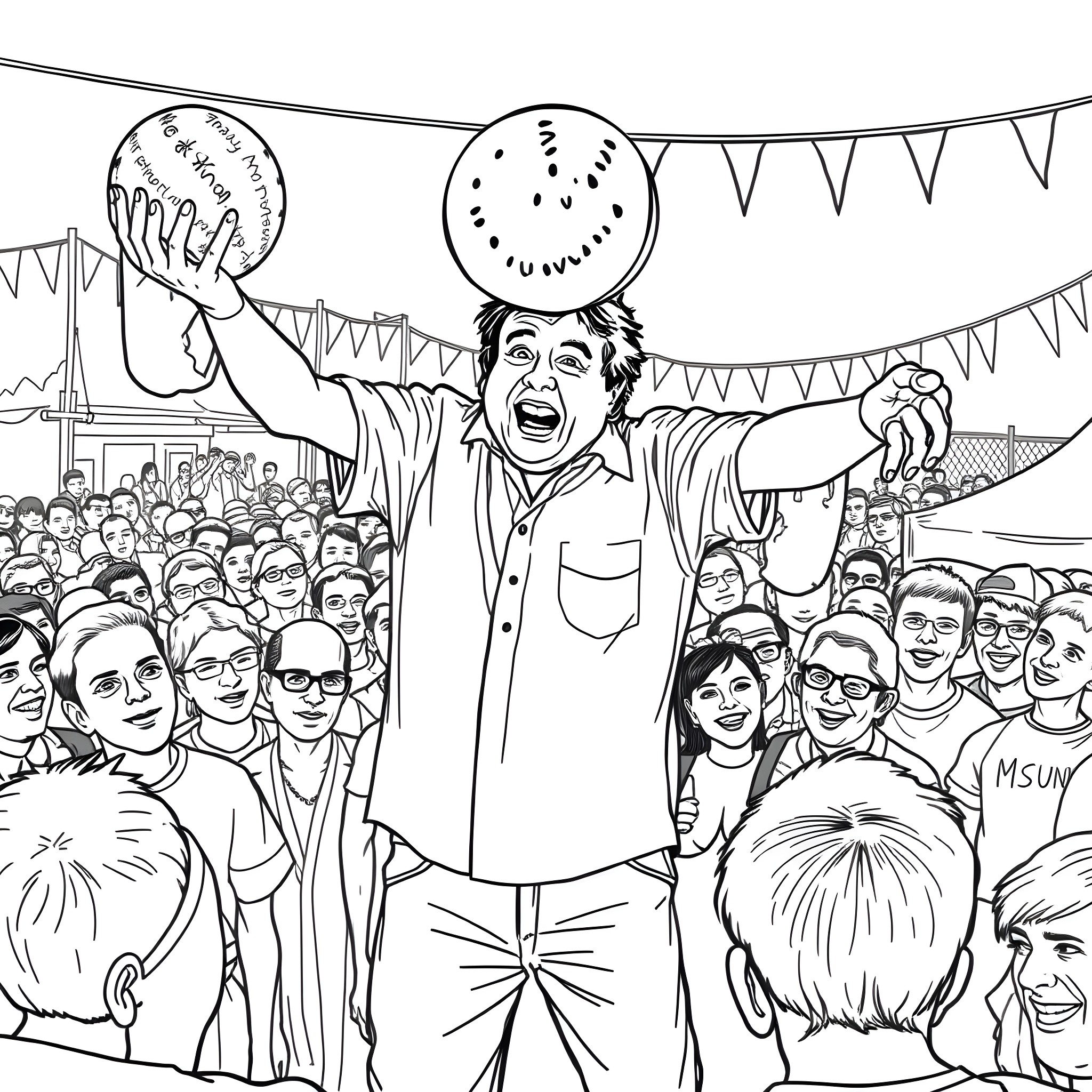 Mark E Smith performing energetically among a crowd Coloring Page (free black-and-white line drawing printable PDF for all, from beginners to advanced learners, including children, teens, adults, and seniors)