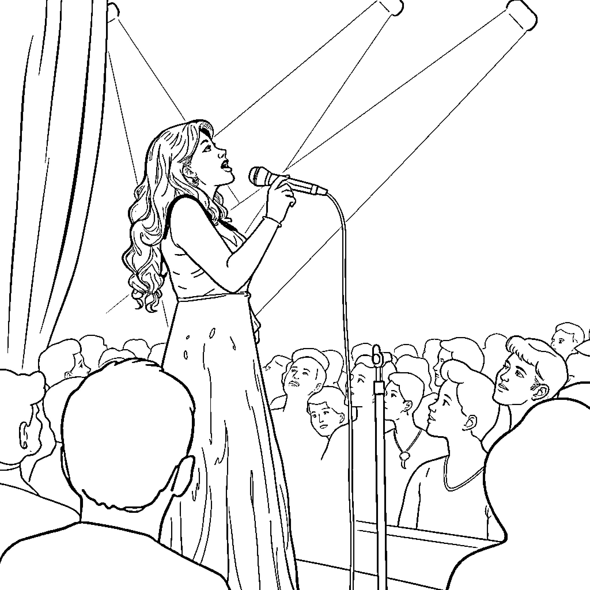 Theodora performing on stage before an audience Coloring Page (free black-and-white line drawing printable PDF for all, from beginners to advanced learners, including children, teens, adults, and seniors)