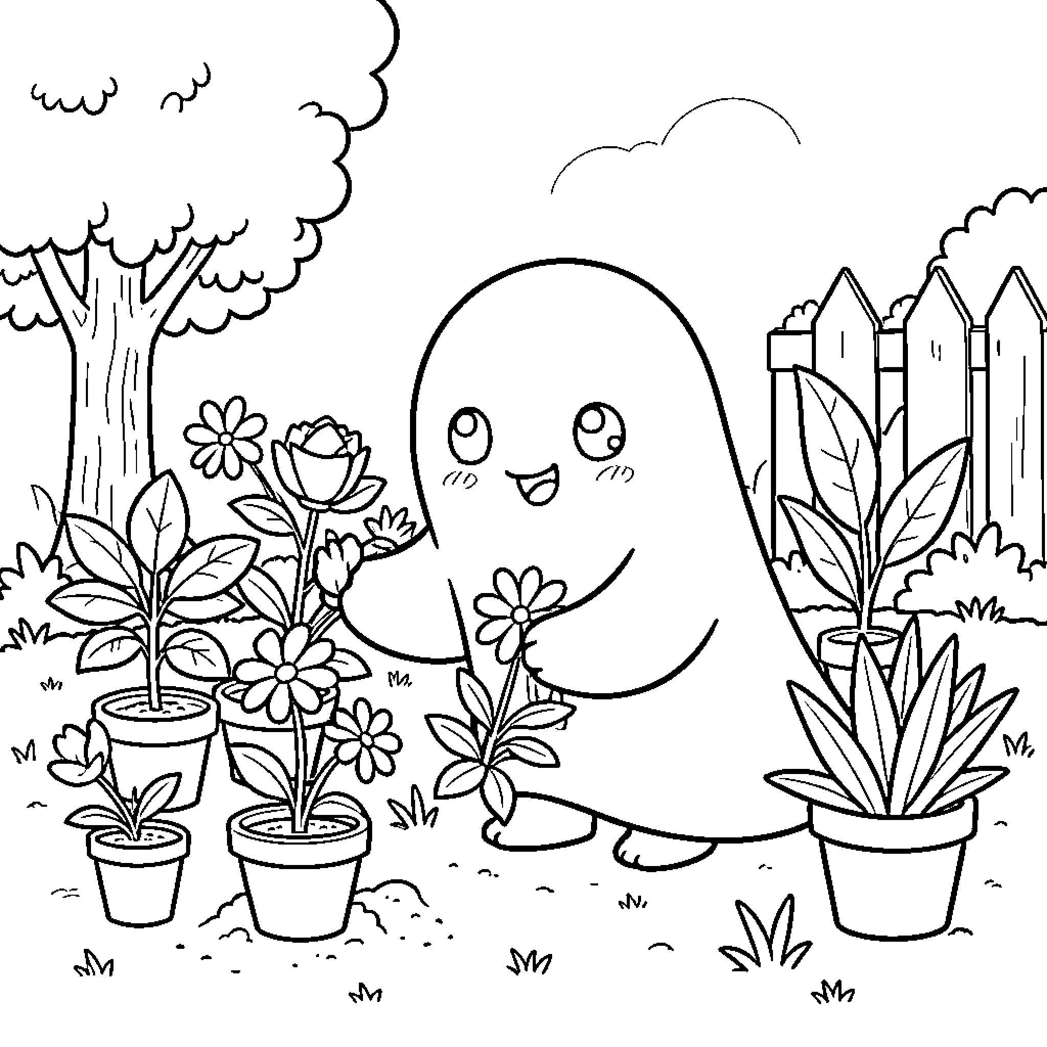 Ghost smiling while tending to garden flowers Coloring Page (free black-and-white line drawing printable PDF for all, from beginners to advanced learners, including children, teens, adults, and seniors)