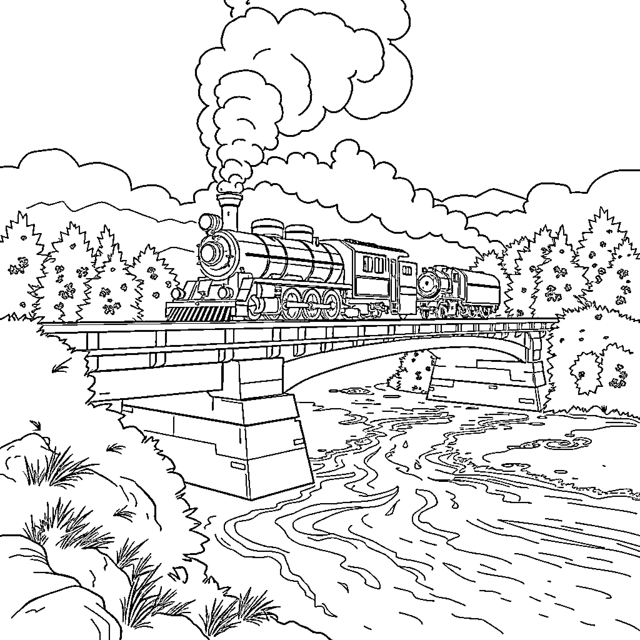 Locomotive Traversing Scenic Bridge Over Flowing River Coloring Page (free black-and-white line drawing printable PDF for all, from beginners to advanced learners, including children, teens, adults, and seniors)