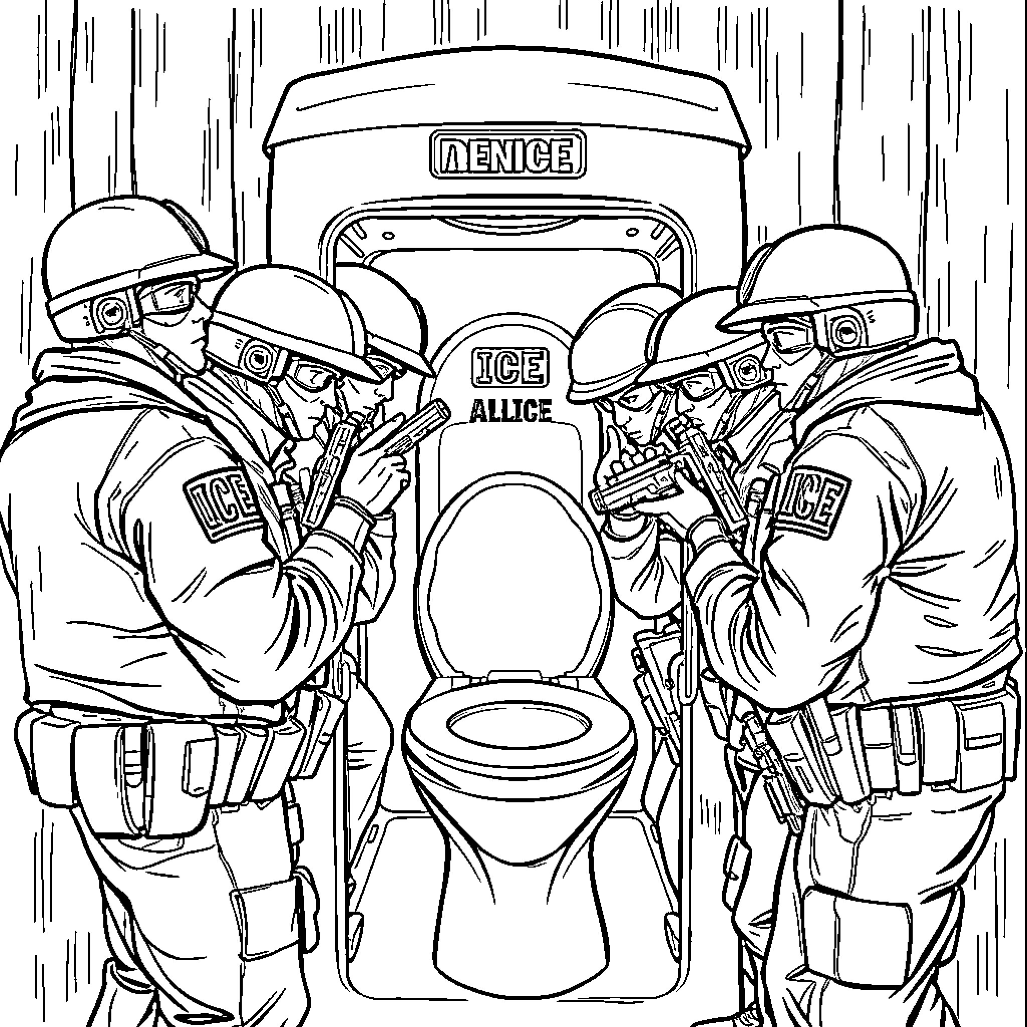 Ice Agent Enforcement Officers Inspecting Toilet Facility Coloring Page (free black-and-white line drawing printable PDF for all, from beginners to advanced learners, including children, teens, adults, and seniors)