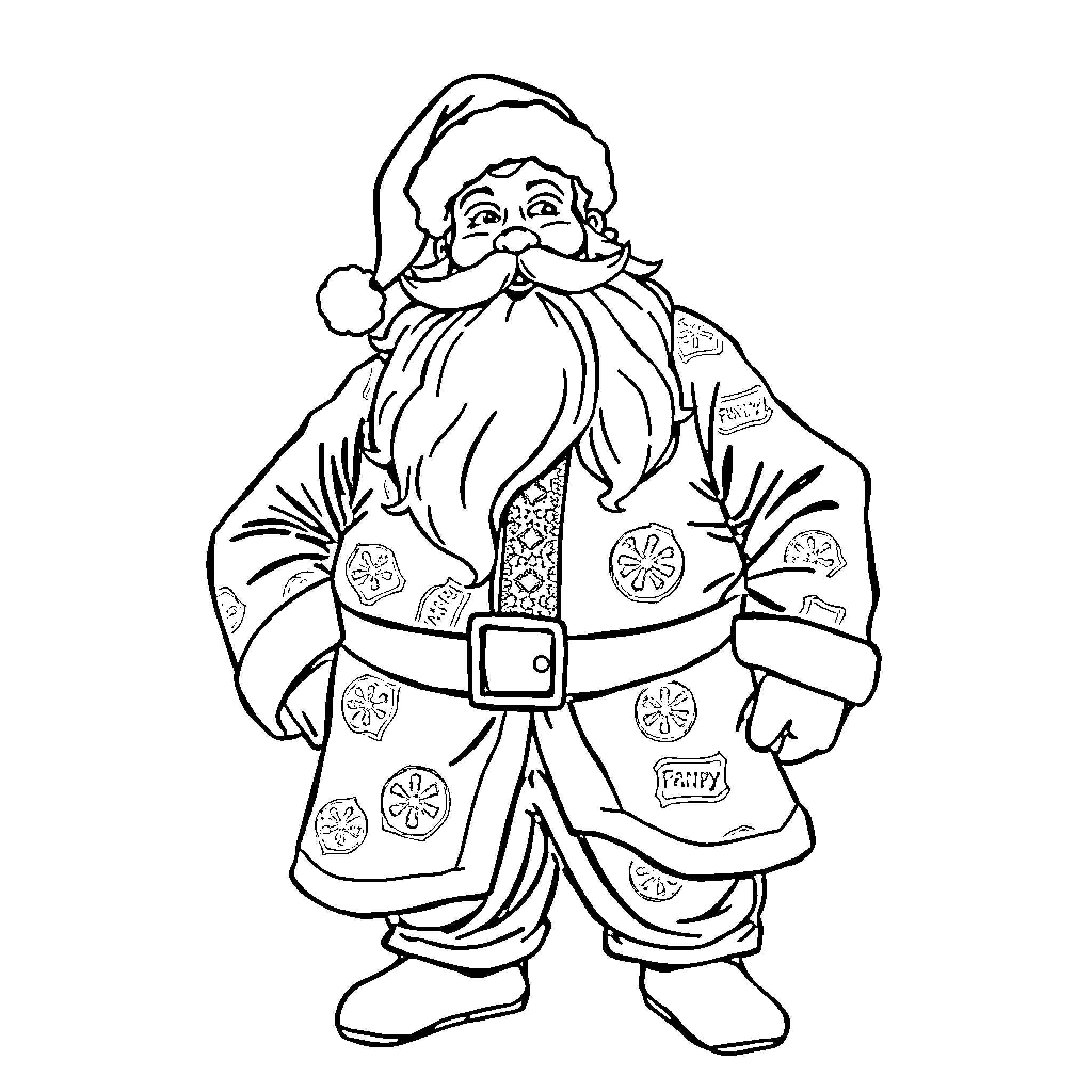 Santa Claus in a festive outfit Coloring Page (free black-and-white line drawing printable PDF for all, from beginners to advanced learners, including children, teens, adults, and seniors)