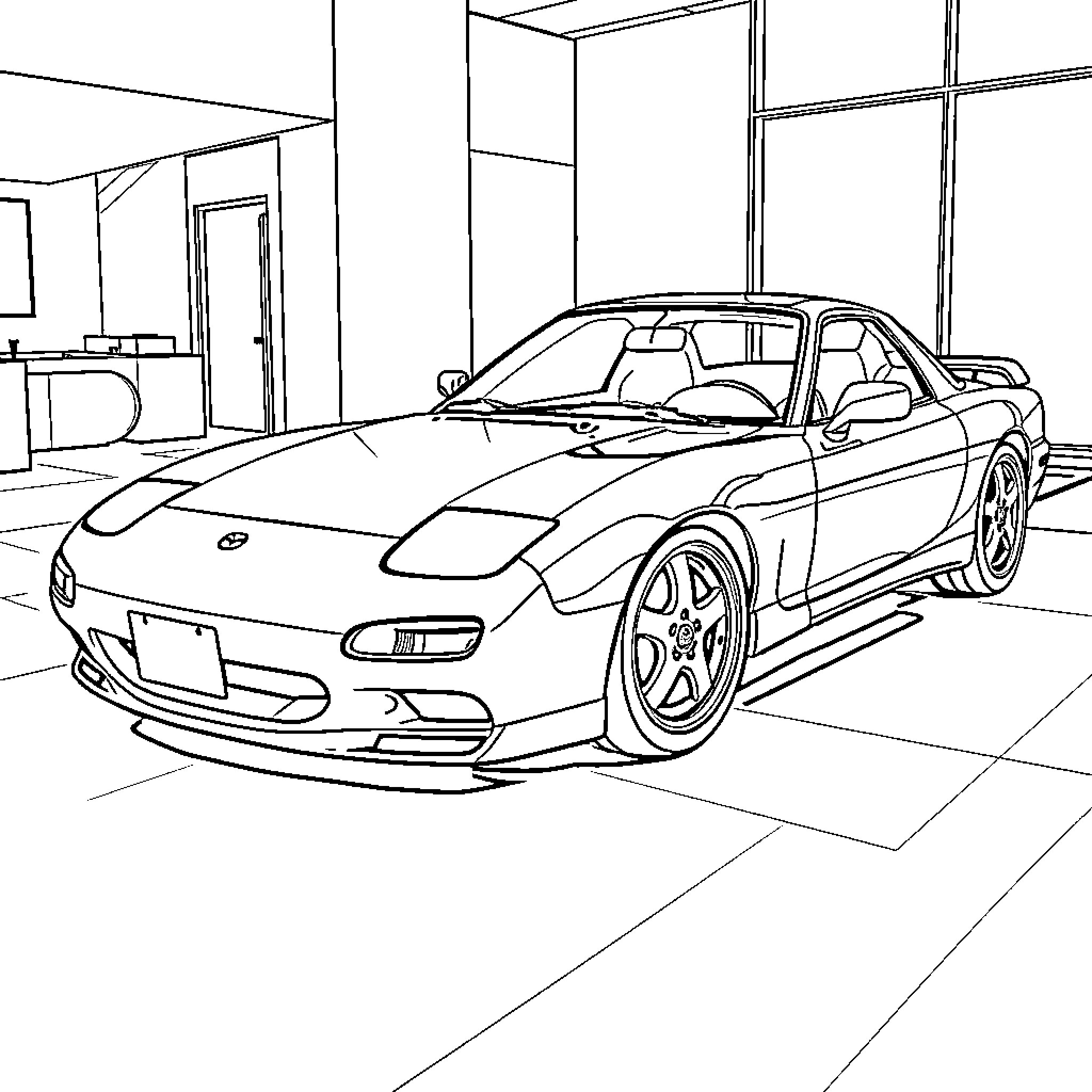 Mazda RX-7 parked in a garage Coloring Page (free black-and-white line drawing printable PDF for all, from beginners to advanced learners, including children, teens, adults, and seniors)