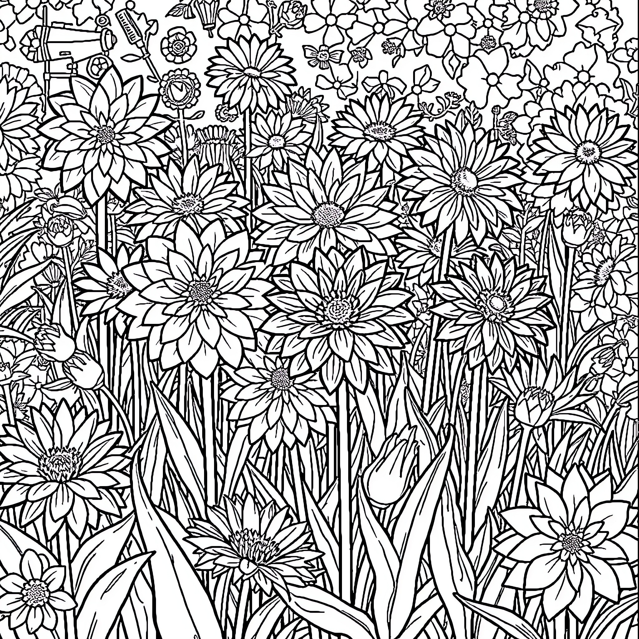 Dahlia flowers in a lush garden Coloring Page (free black-and-white line drawing printable PDF for all, from beginners to advanced learners, including children, teens, adults, and seniors)
