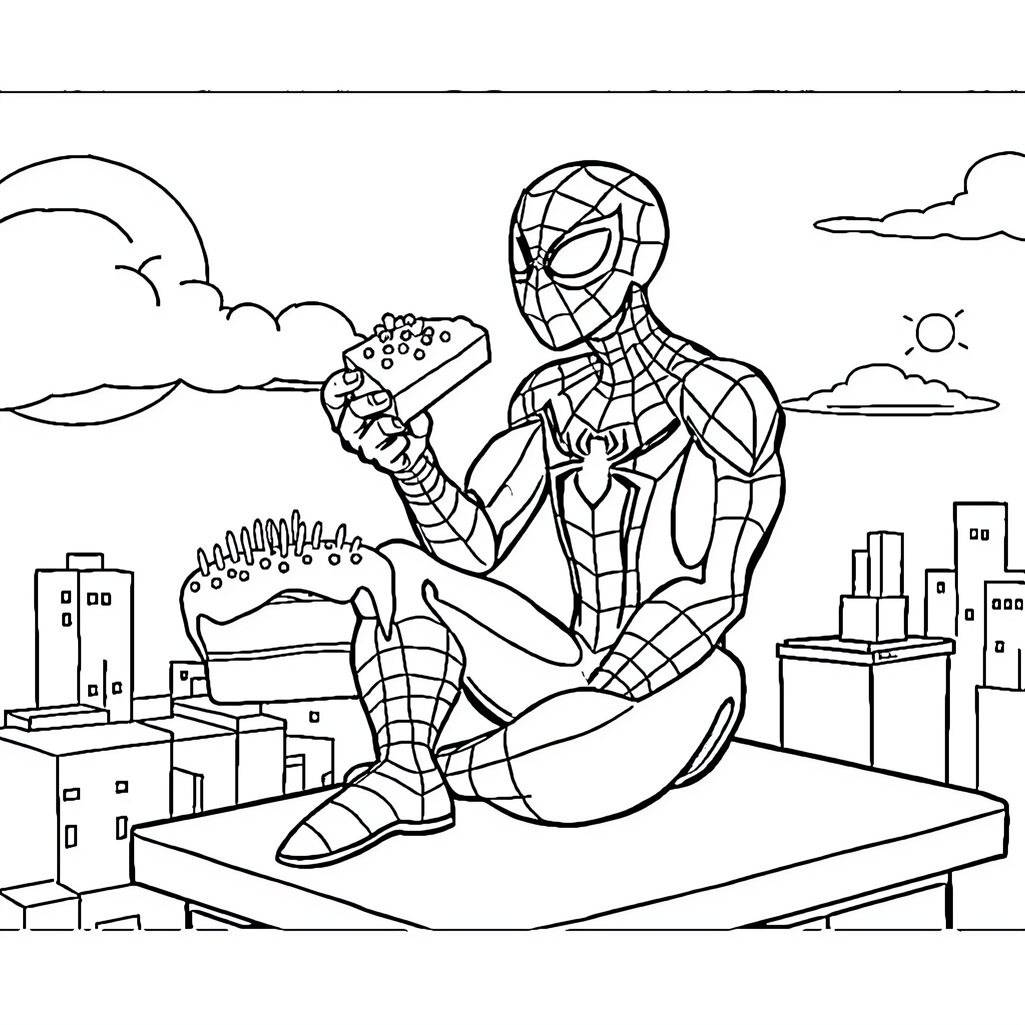 Spiderman in action-packed urban setting Coloring Page (free black-and-white line drawing printable PDF for all, from beginners to advanced learners, including children, teens, adults, and seniors)